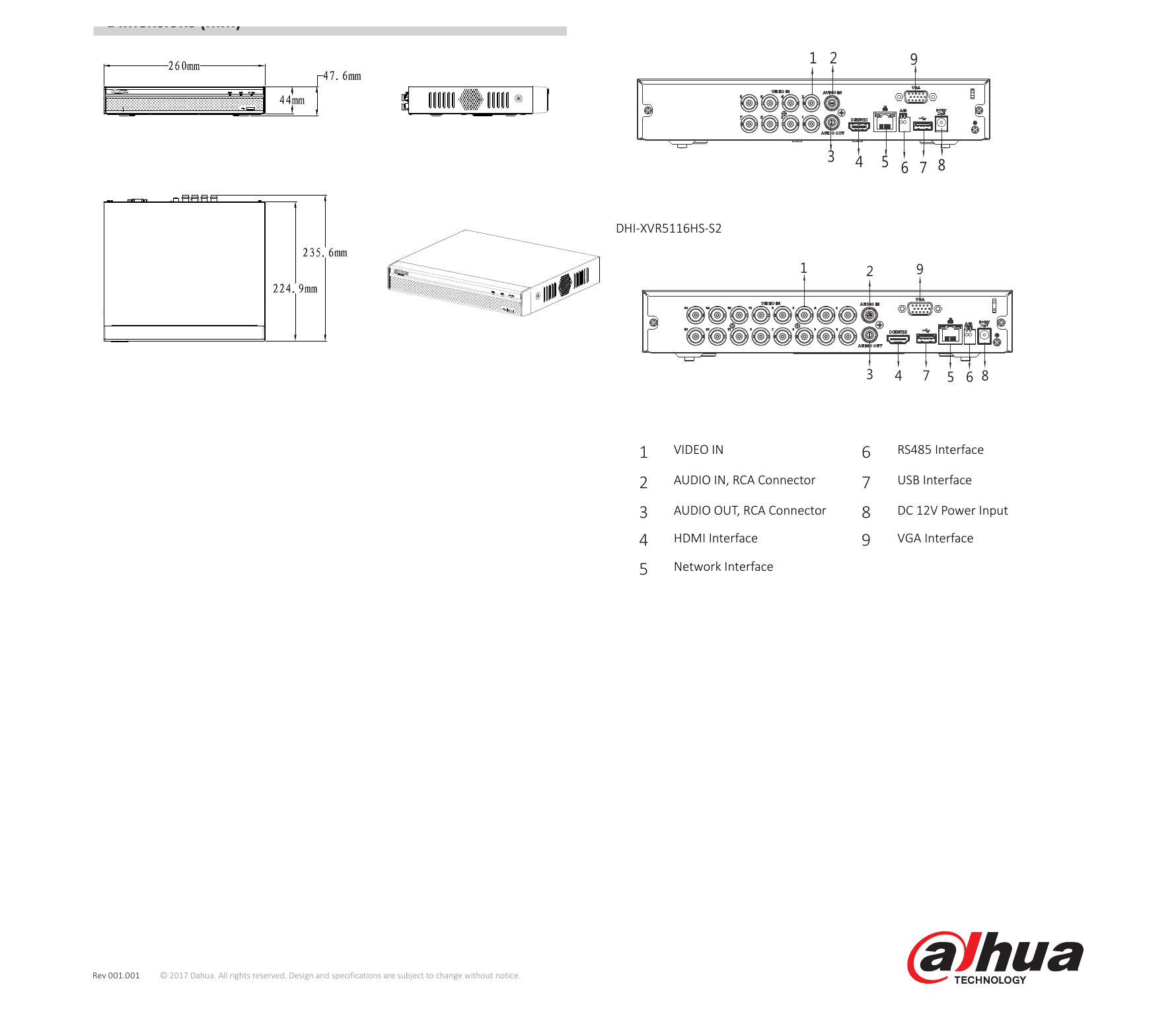 DHI-XVR5104-5108-5116HS-S2 外形尺寸圖 詳見圖示｜Unit: mm