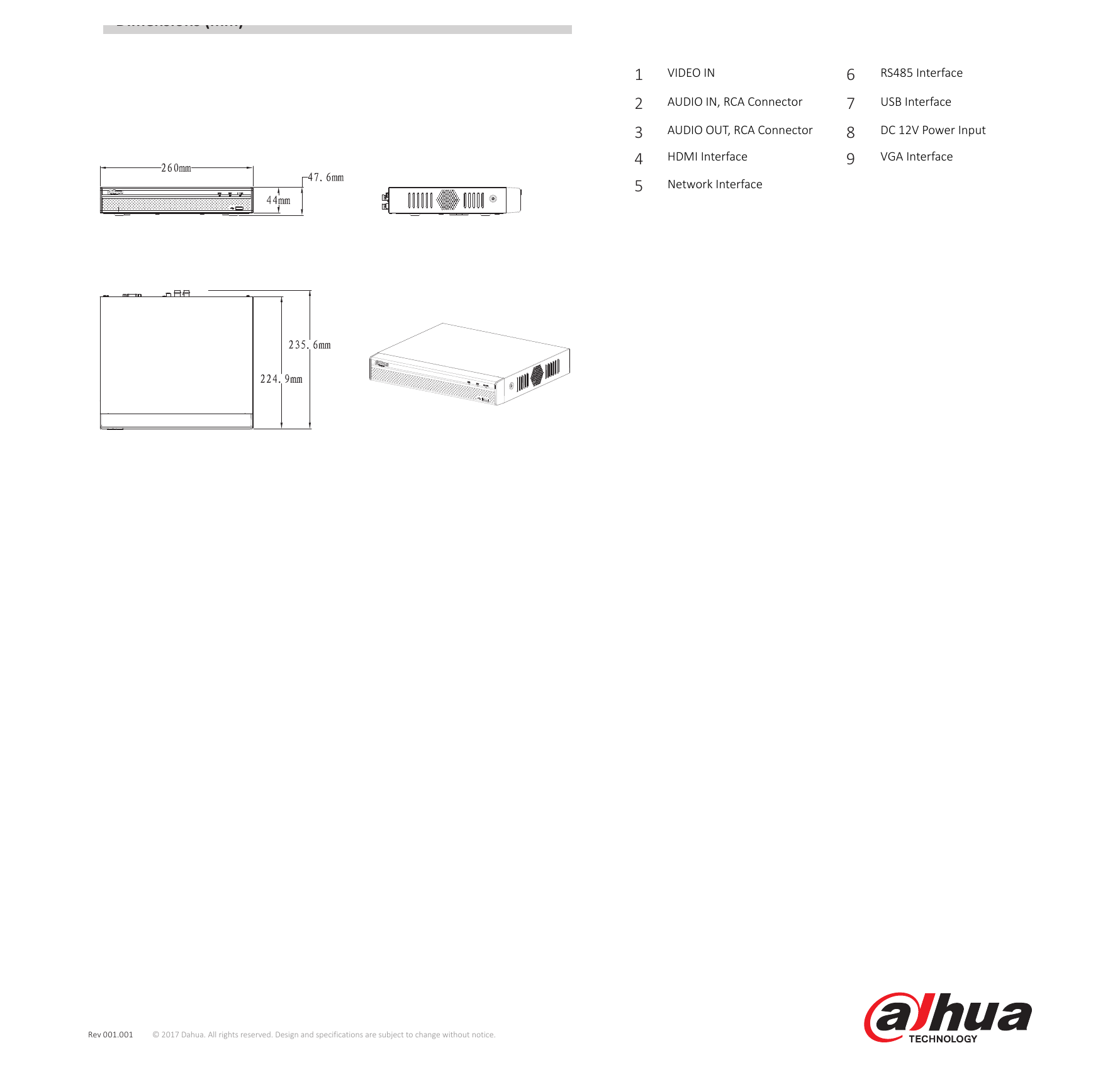 DHI-XVR5104HS-4M 外形尺寸圖 Compact 1U, 260×236×48mm(10.2"×9.3"×1.9") When IP extension mode not enabled: 1/4｜Unit: mm