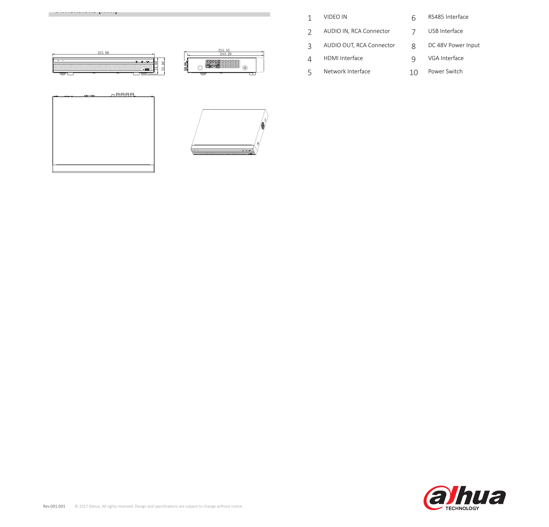 DHI-XVR5108H-4KL-8P 外形尺寸圖 Mini 1U, 325mm×255mm×55mm (12.8" x 10" x 2.2")｜Unit: mm