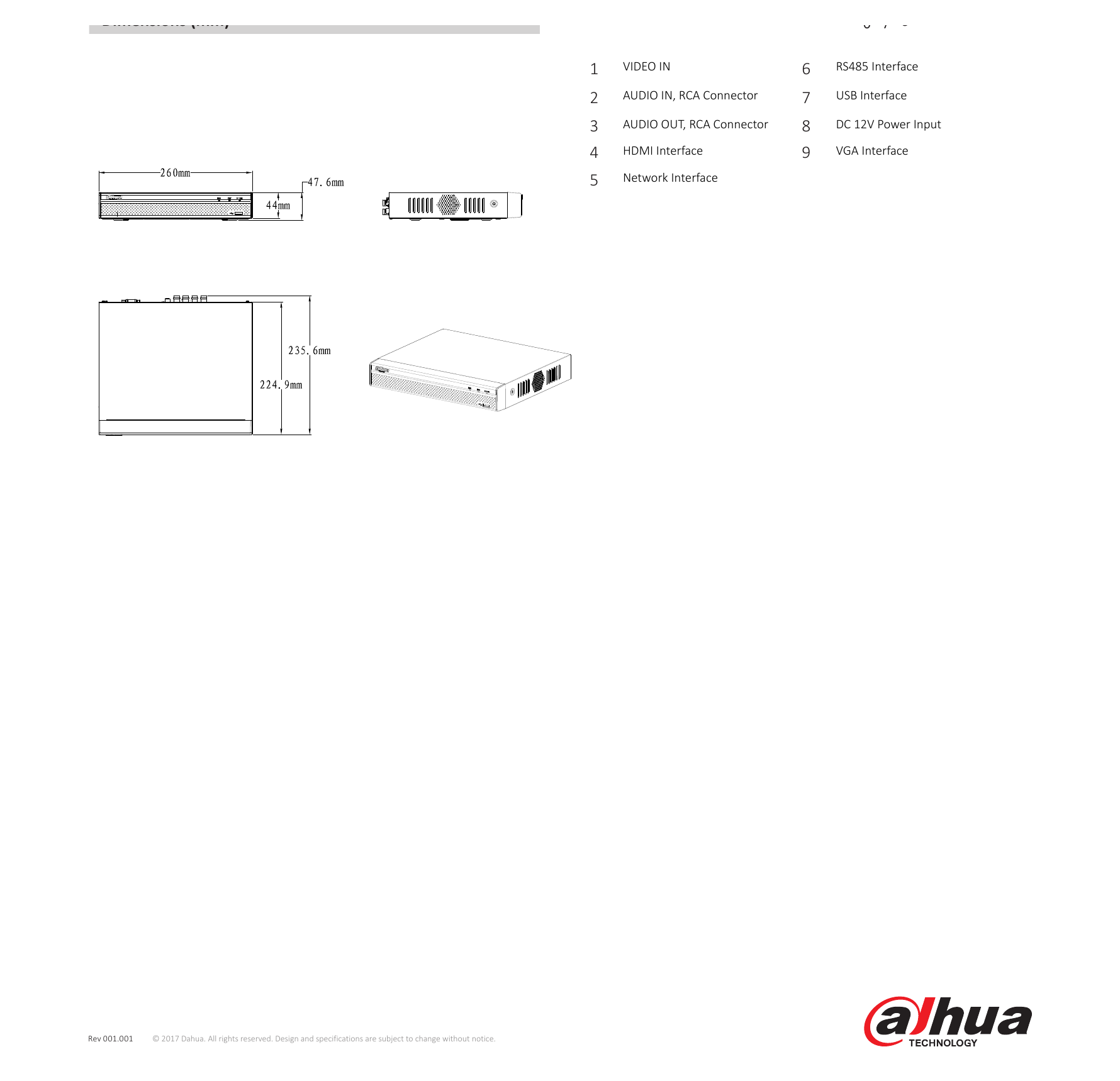 DHI-XVR5108HS-4KL 外形尺寸圖 詳見圖示｜Unit: mm