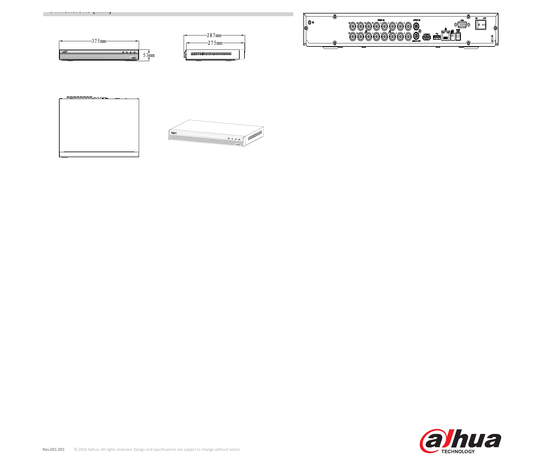 DHI-XVR5204-5208-5216AN 外形尺寸圖 1U, 375mm×287mm×53mm (14.8" x 11.3" x 2.1")｜Unit: mm