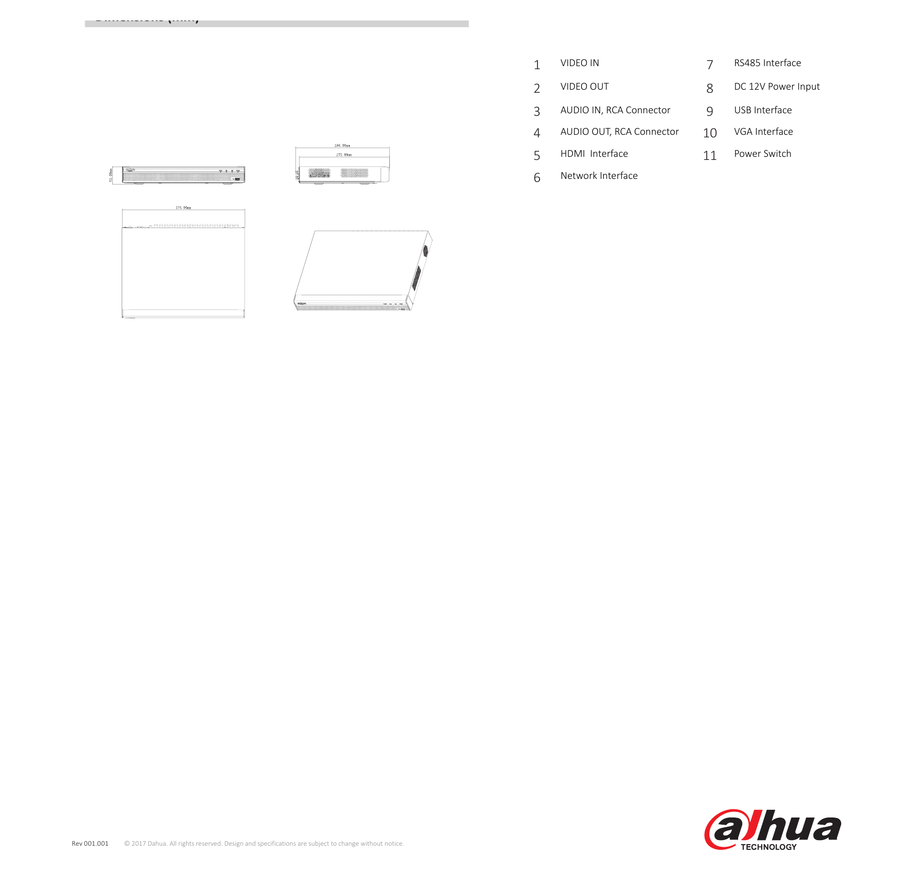 DHI-XVR5232AN-S2 外形尺寸圖 1U, 375mm×287mm×53mm (14.8" x 11.3" x 2.1")｜Unit: mm