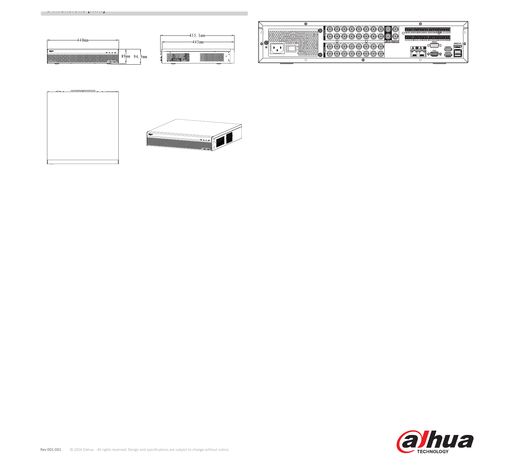 DHI-XVR7808-7816S3 外形尺寸圖 2U, 440mm×455mm×95mm (17.3" x 17.9" x 3.7")｜Unit: mm