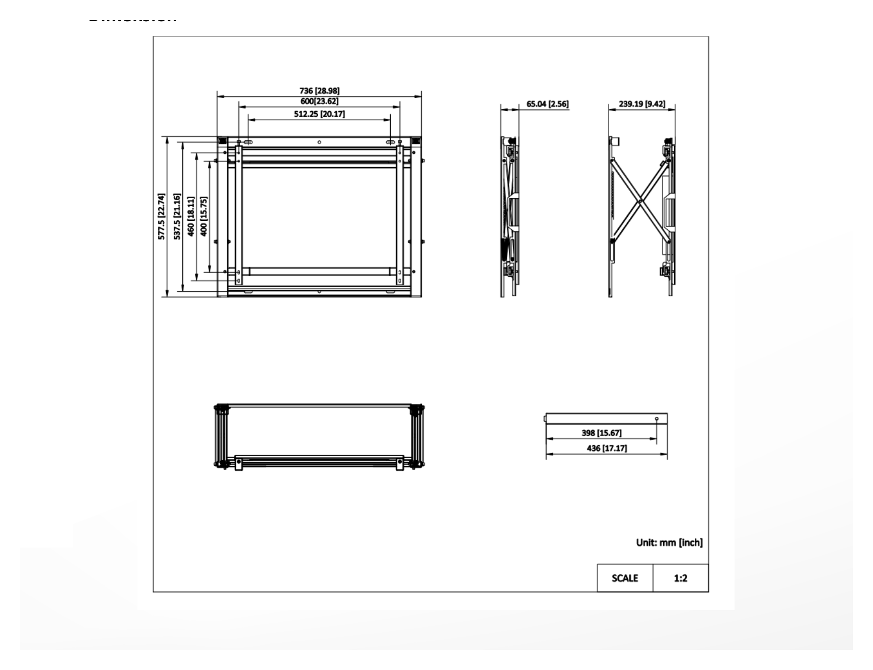 DP-D2X46XXX-1X1-Q1-SW-Q0.6-TY 外形尺寸圖 736(W) mm × 577.5(H) mm × 65(D)mm (28.98'' × 22.74'' × 2.56'')｜Unit: mm