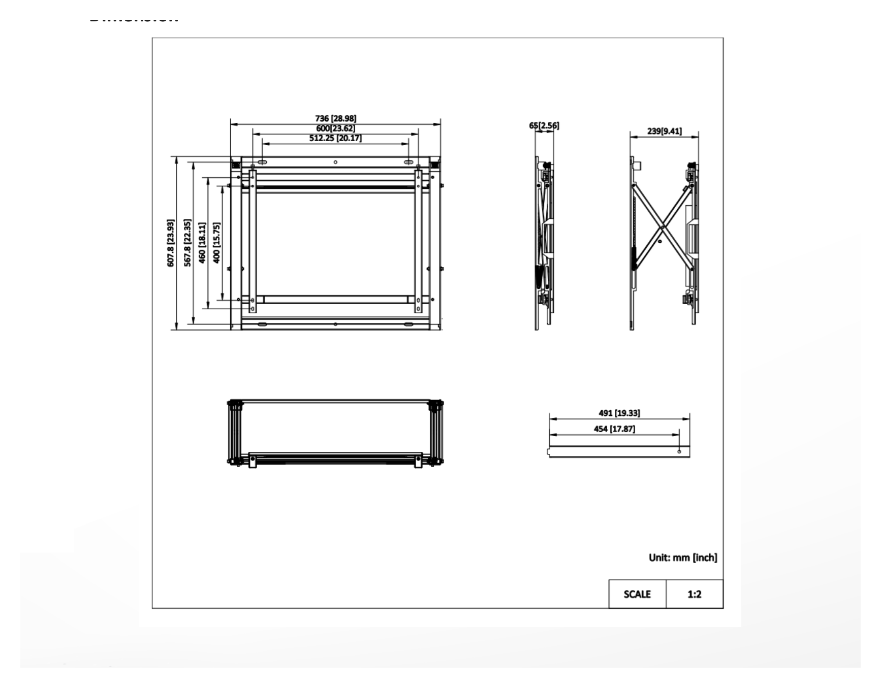 DP-D2X49U70-1X1-Q1-SW-Q0.7-TY 外形尺寸圖 736 (W) mm × 607.8 (H) mm × 65 (D)mm (28.98'' × 23.93'' × 2.56'')｜Unit: mm
