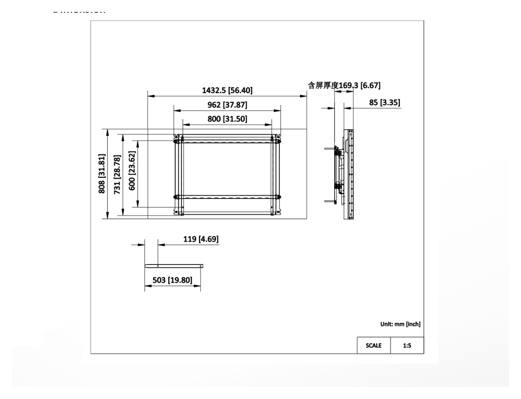 DP-D2X65U85-1X1-Q1-NW-Q1-ZF 外形尺寸圖 962 (W)mm ×731 (H)mm ×85 (D)mm (37.87'' × 731'' × 3.35'')｜Unit: mm
