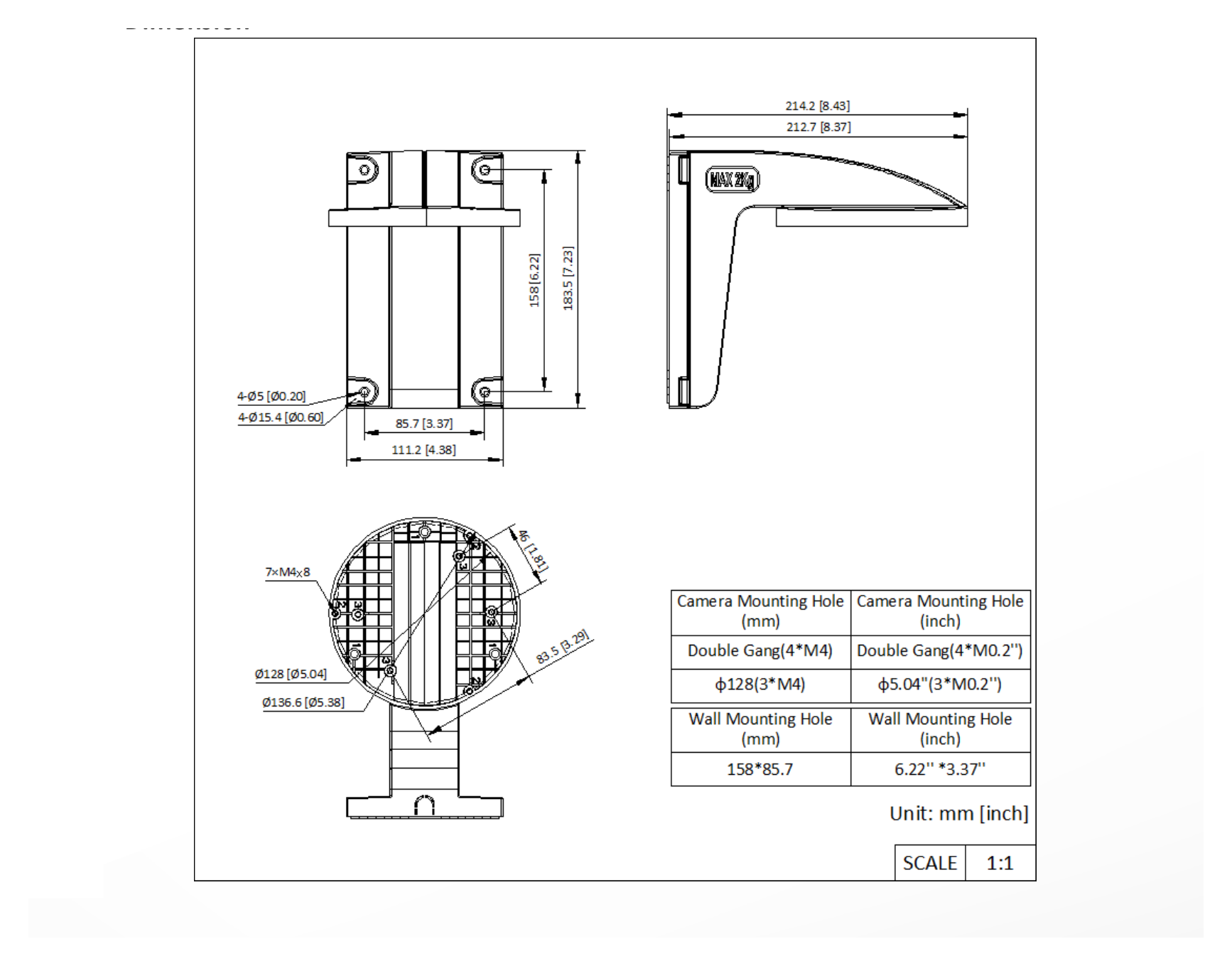 DS-1258ZJ-L-428CPY 外形尺寸圖 212.68 mm × 111.2 mm × 183.53 mm (8.37" × 4.38" × 7.23")｜重量 338.34g (0.75 lb.)｜Unit: mm
