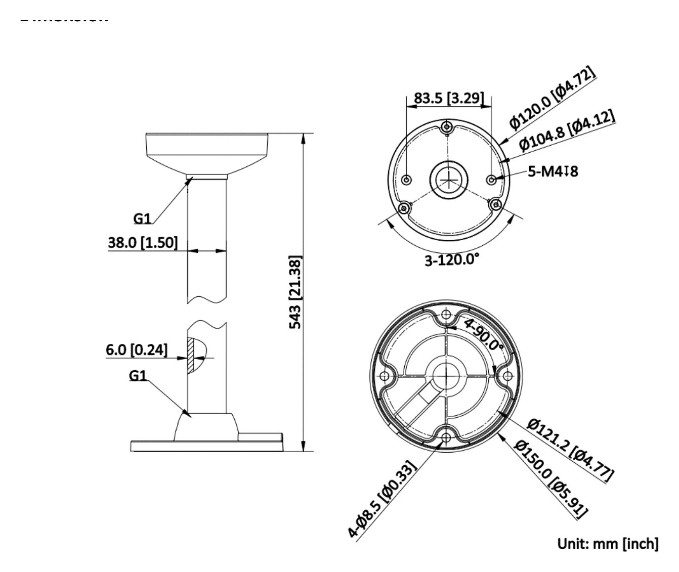 DS-1271ZJ-120-Y(Black) 外形尺寸圖 Ø 150 mm × 543 mm (Ø 5.91" × 21.38") Max. Load Approx. 3 kg (6.61 lb.)｜重量 Approx. 1290 g (2.84 lb.)｜Unit: mm