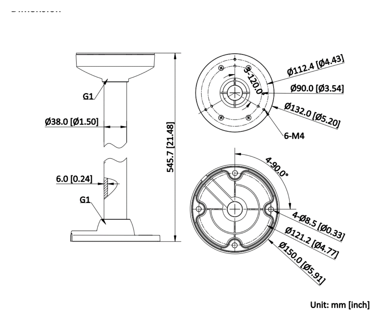 DS-1271ZJ-130-TRL-Y(Black) 外形尺寸圖 Ø 150 mm × 545.7 mm (Ø 5.91" × 21.48") Max. Load Approx. 3 kg (6.61 lb.)｜重量 Approx. 1450 g (3.2 lb.)｜Unit: mm