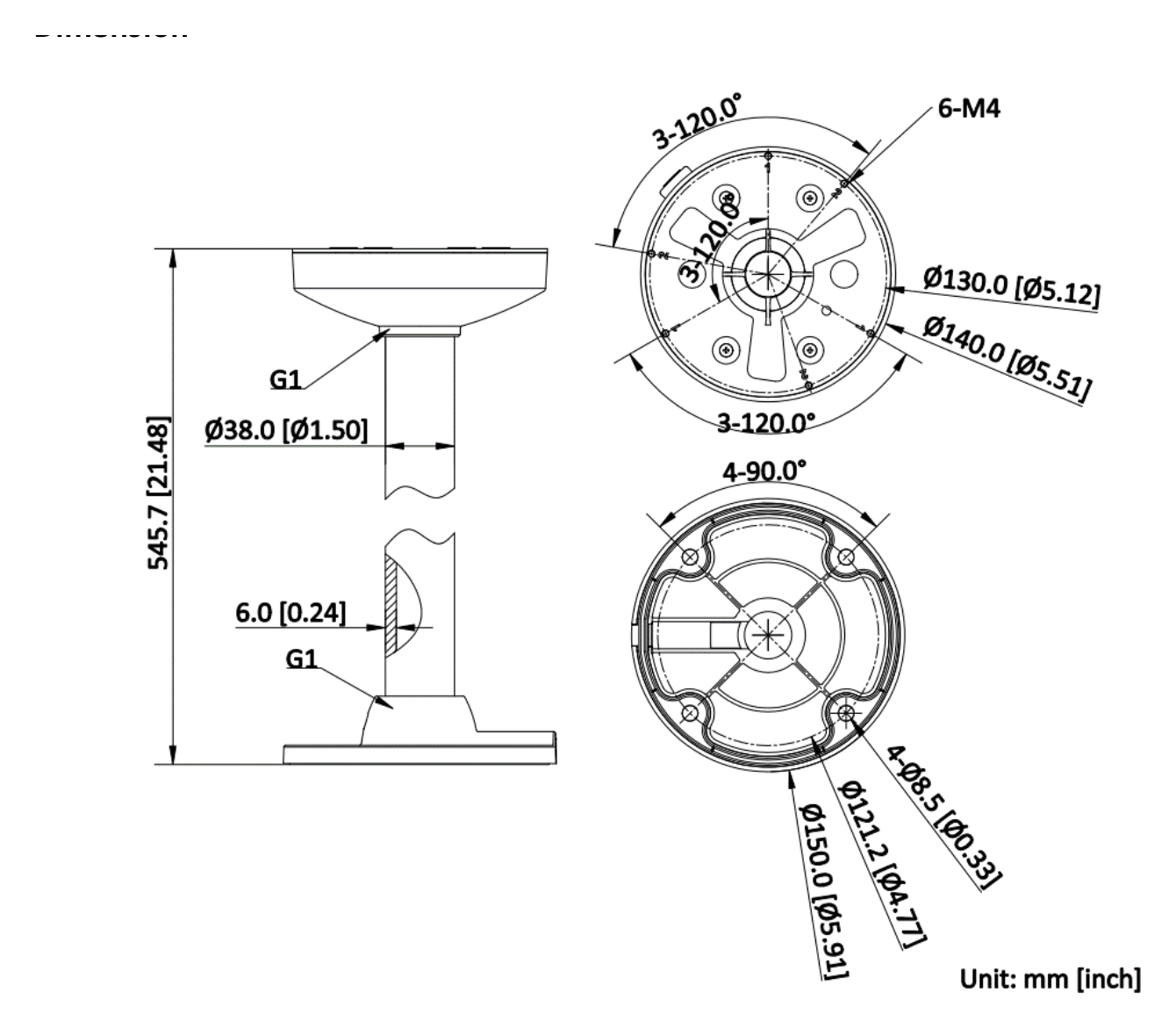 DS-1271ZJ-140-DM45-Y(Black) 外形尺寸圖 Ø 150 mm × 545.7 mm (Ø 5.91" × 21.48") Max. Load Approx. 3 kg (6.61 lb.)｜重量 Approx. 1125 g (2.48 lb.)｜Unit: mm