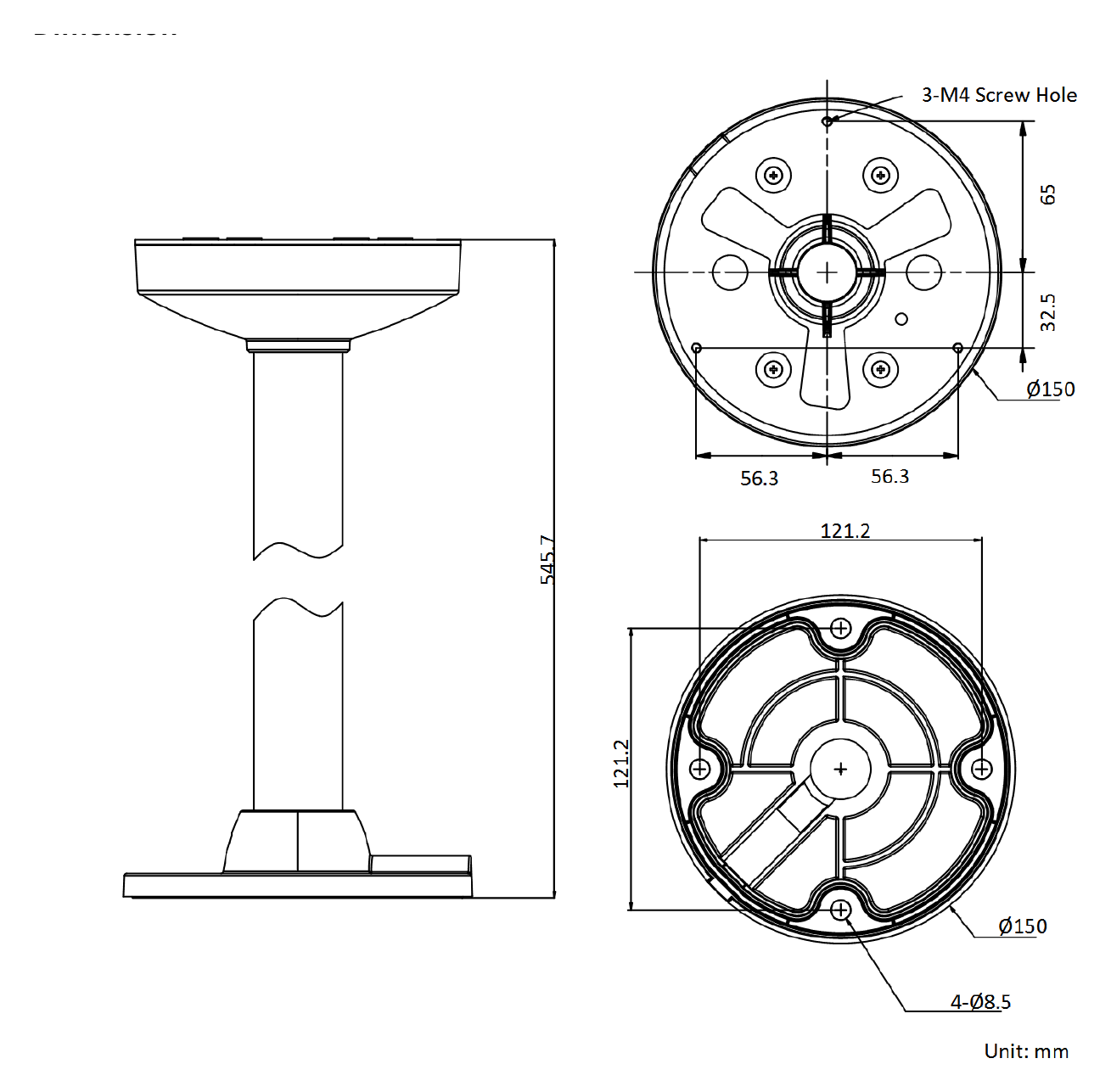 DS-1271ZJ-140-DM45BLACK 外形尺寸圖 Ø 150 mm × 545.7 mm (5.91" × 21.48")｜重量 1483.5 g (3.27 lb.)｜Unit: mm