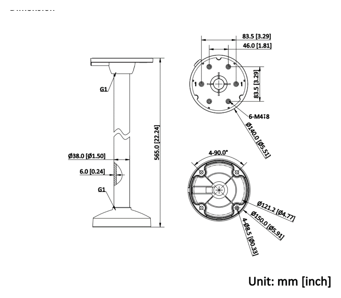 DS-1271ZJ-140-Y(Black) 外形尺寸圖 Ø 150 mm × 565 mm (Ø 5.91" × 22.24") Max. Load Approx. 3 kg (6.61 lb.)｜重量 Approx. 1254 g (2.76 lb.)｜Unit: mm