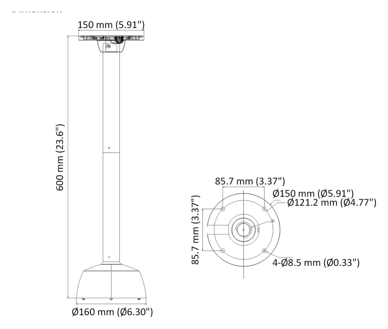 DS-1271ZJ-160 外形尺寸圖 160 mm × 160 mm × 600 mm (6.30" × 6.30" × 23.6")｜重量 Approx. 3 kg (6.62 lb.)｜Unit: mm