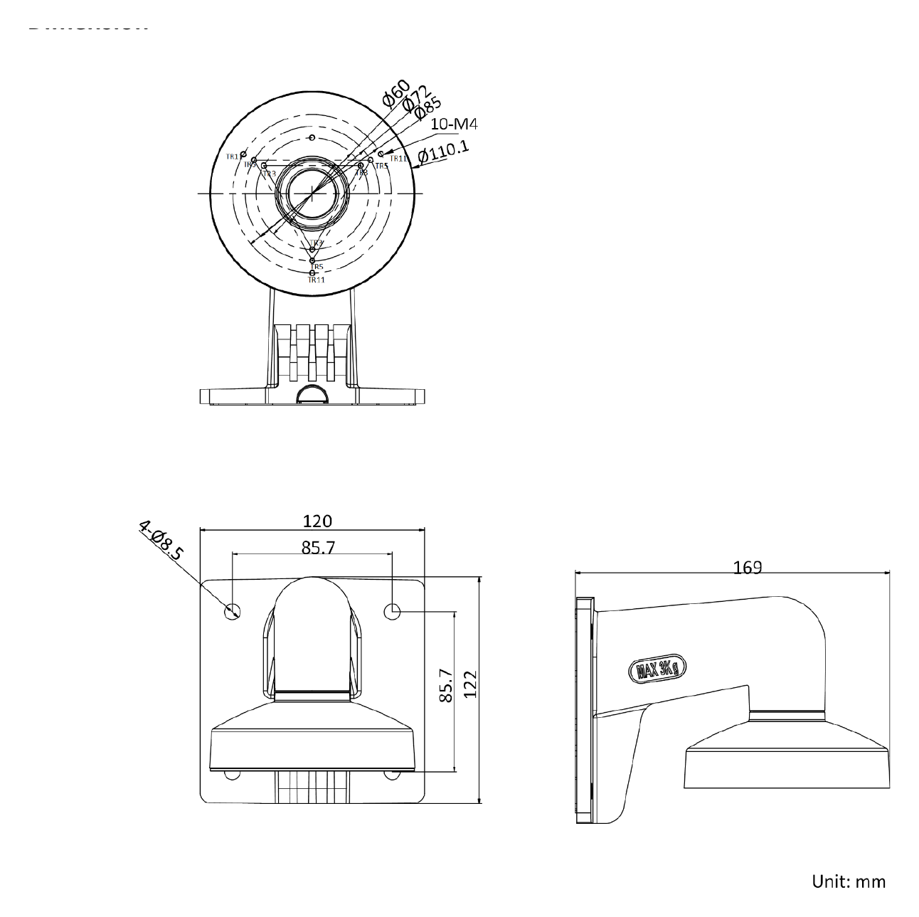 DS-1272ZJ-110-TRS 外形尺寸圖 122×120×169mm｜重量 605g｜Unit: mm