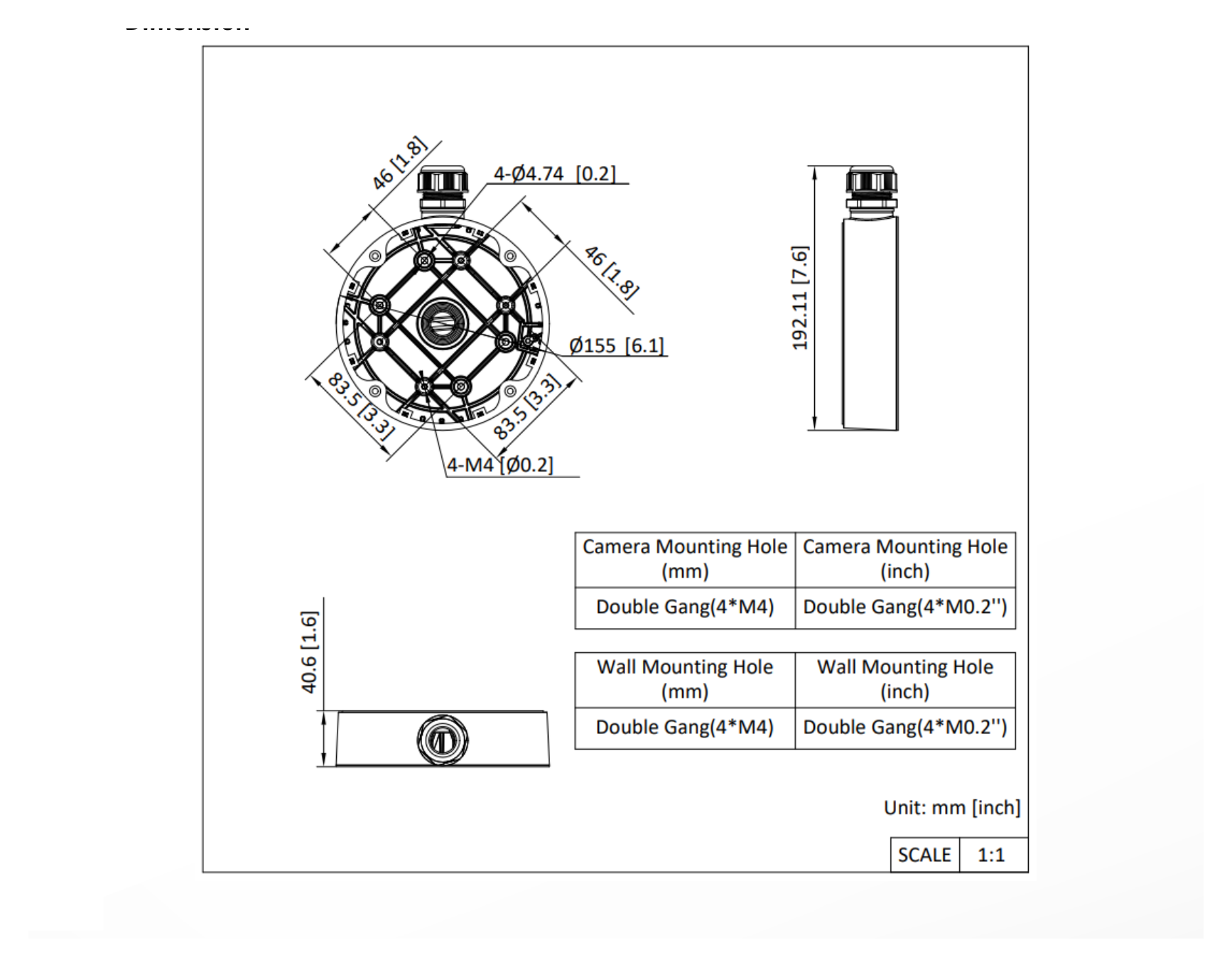 DS-1280ZJ-DM55-428CPY 外形尺寸圖 Ø 155 mm × 40.6 mm (Ø 6.1" × 1.6")｜重量 Approx. 236.42 g (0.52 lb.)｜Unit: mm