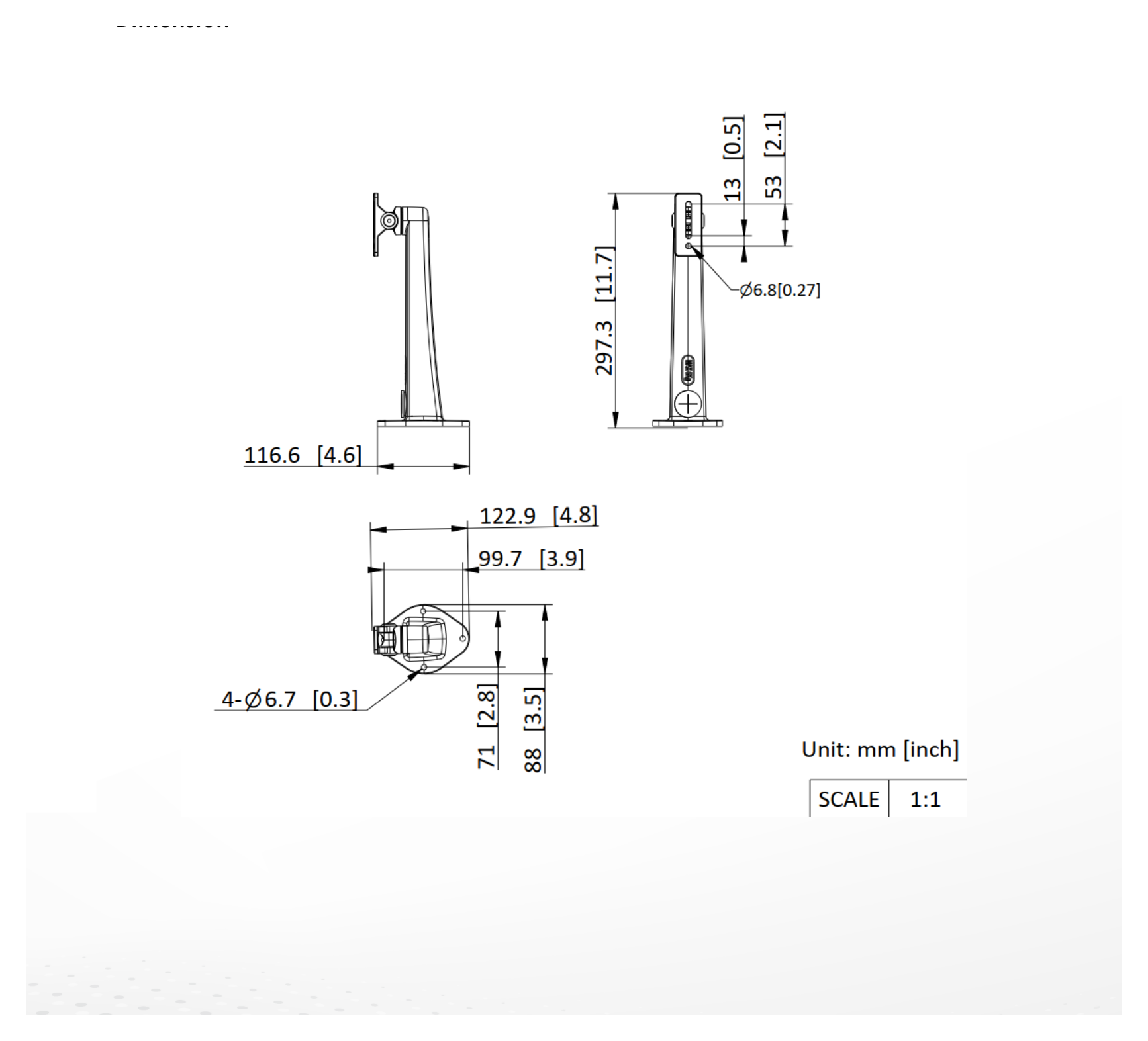 DS-1293ZJ-P-Y 外形尺寸圖 297.3 mm × 122.9 mm × 88 mm (11.7" × 4.8" × 3.5")｜重量 493 g (1.04 lb.)｜Unit: mm