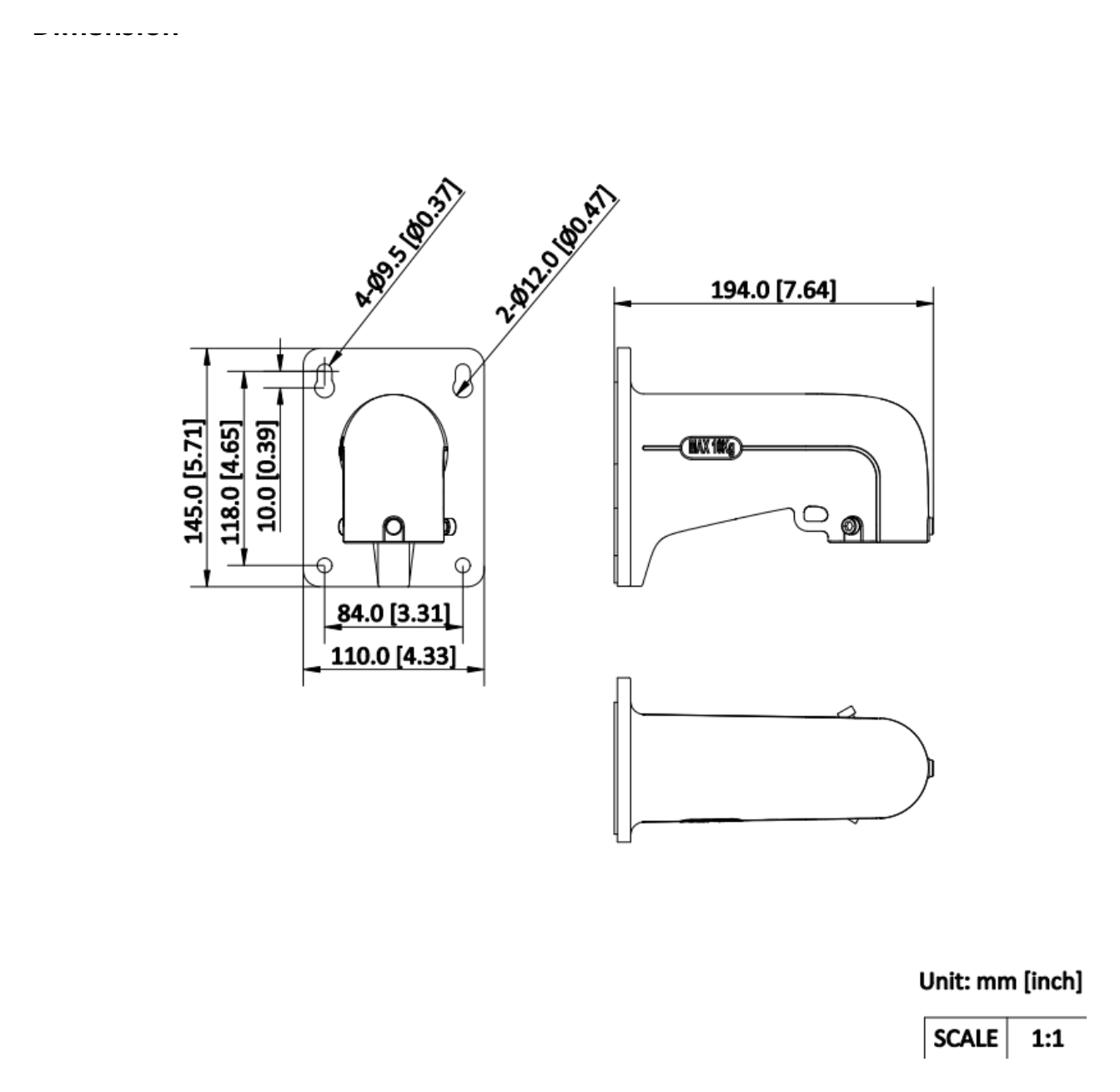 DS-1618ZJ-Y 外形尺寸圖 145 mm × 110 mm × 190 mm (5.71'' × 4.33'' × 7.64'') Max. Load 10 kg (22.05 lb.)｜重量 950 g (2.09 lb.)｜Unit: mm