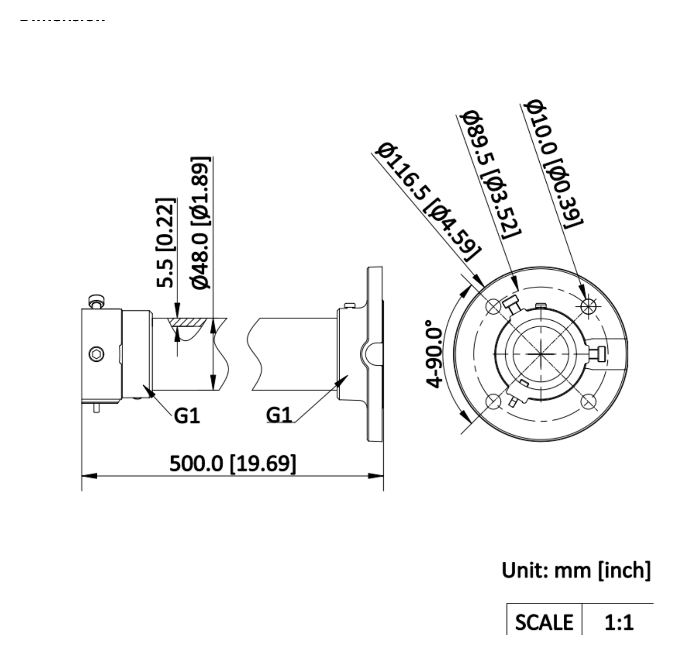 DS-1662ZJ-P 外形尺寸圖 Ø 116.5 mm × 500 mm (Ø 4.59" × 19.69")｜重量 960 g (2.12 lb.)｜Unit: mm