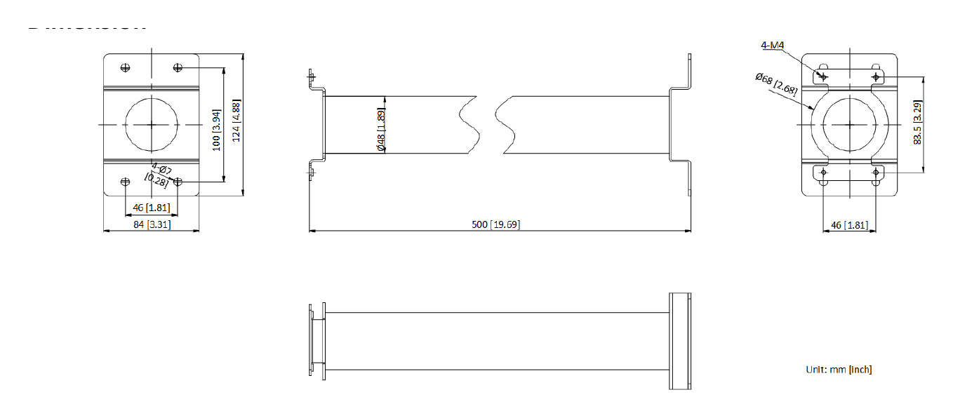 DS-1691ZJ-M 外形尺寸圖 84 mm × 124 mm × 500 mm (3.31" × 4.88" × 19.69")｜重量 Approx. 1800 g (3.97 lb.)｜Unit: mm