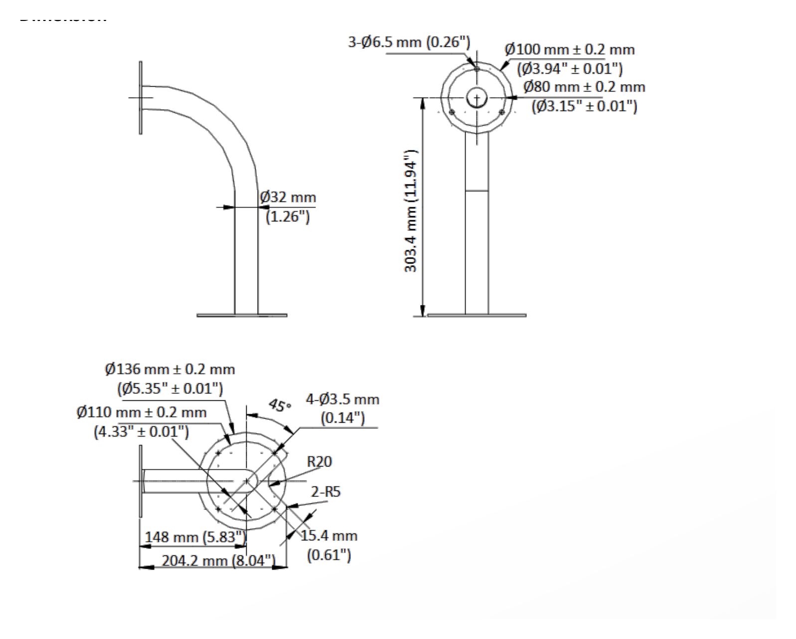 DS-1697ZJ-X-AC(OS) 外形尺寸圖 136 mm × 204.2 mm × 353 mm (5.35” × 8.04” × 13.90”)｜重量 1.2 kg (2.65 lb.)｜Unit: mm