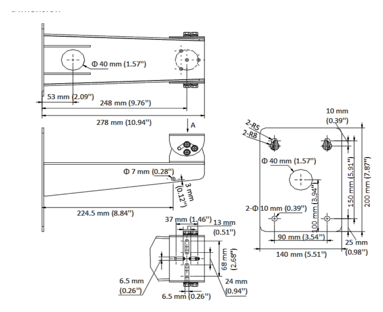 DS-1704ZJ-Y-AC(OS) 外形尺寸圖 140 mm × 200 mm × 278 mm (5.51" × 7.87" × 10.94" )｜重量 Approx. 2158 g (4.76 lb.)｜Unit: mm