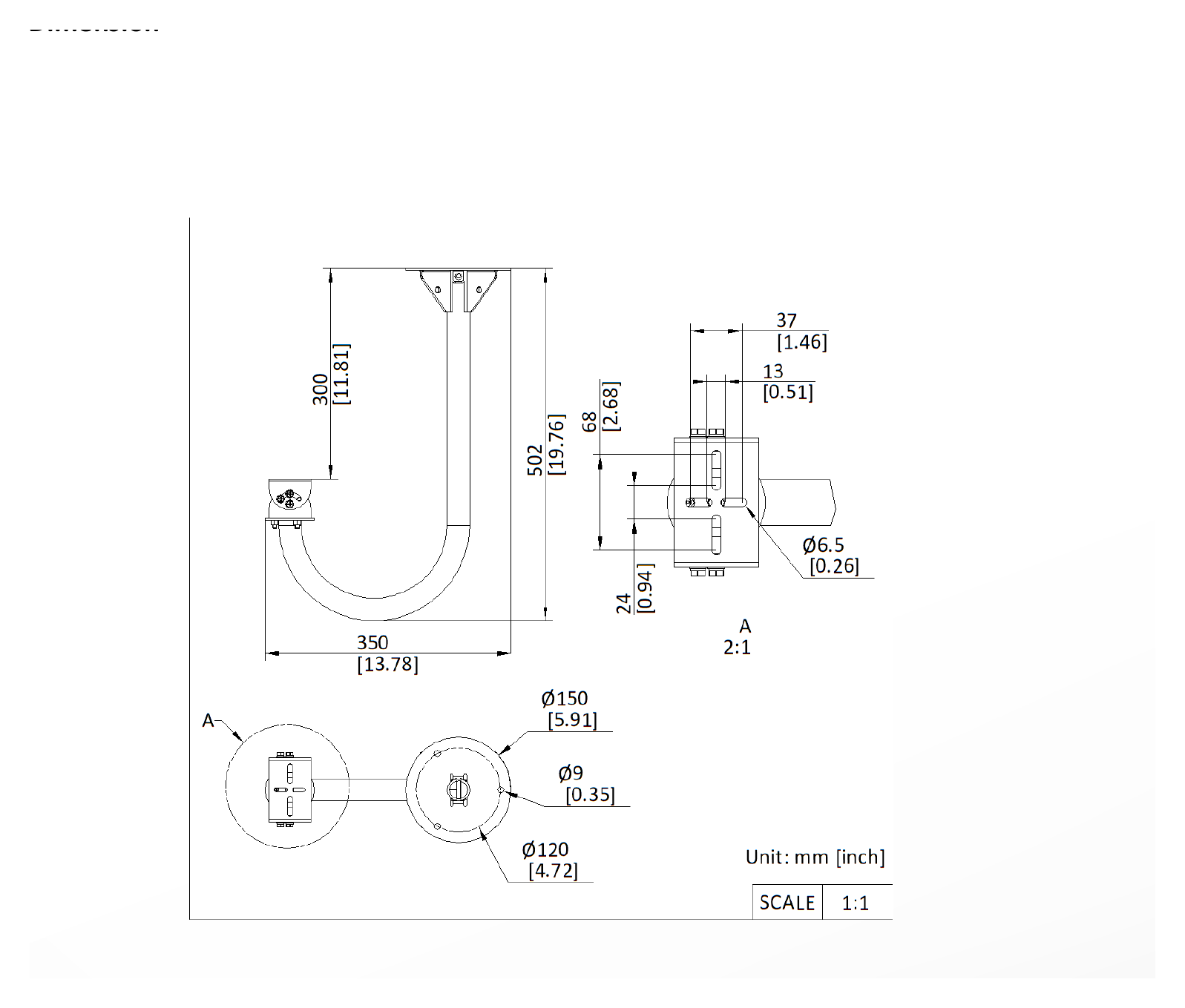DS-1712ZJ 外形尺寸圖 Φ 150 mm × 345 mm × 502 mm (Φ 5.91" × 13.58"× 20.47")｜重量 Approx. 2454 g (5.41 lb.)｜Unit: mm