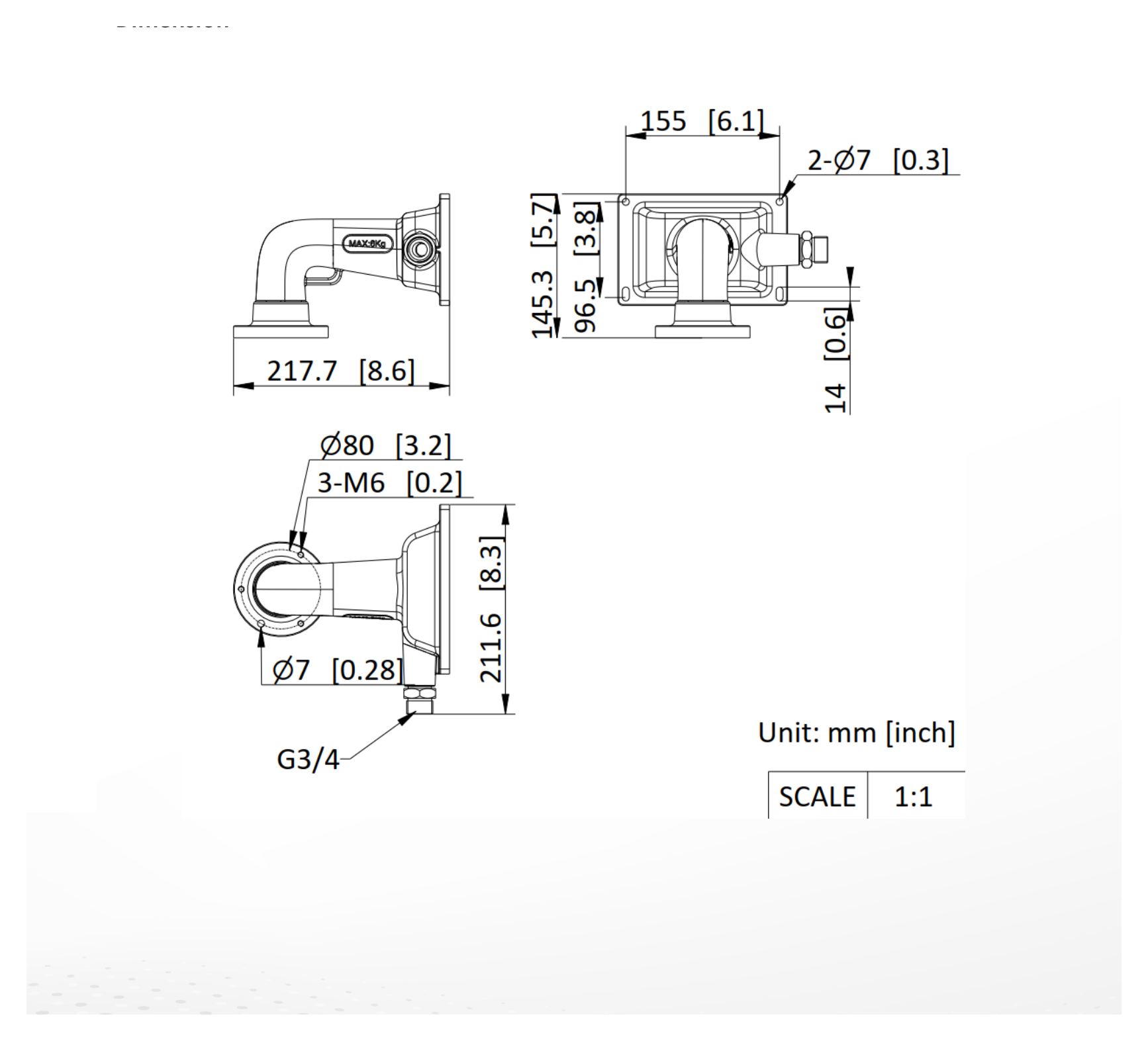 DS-2704ZJ-P-Y 外形尺寸圖 217.7 mm × 211.6 mm × 145.3 mm (8.6" × 8.3" × 5.7")｜重量 875 g (1.93 lb.)｜Unit: mm