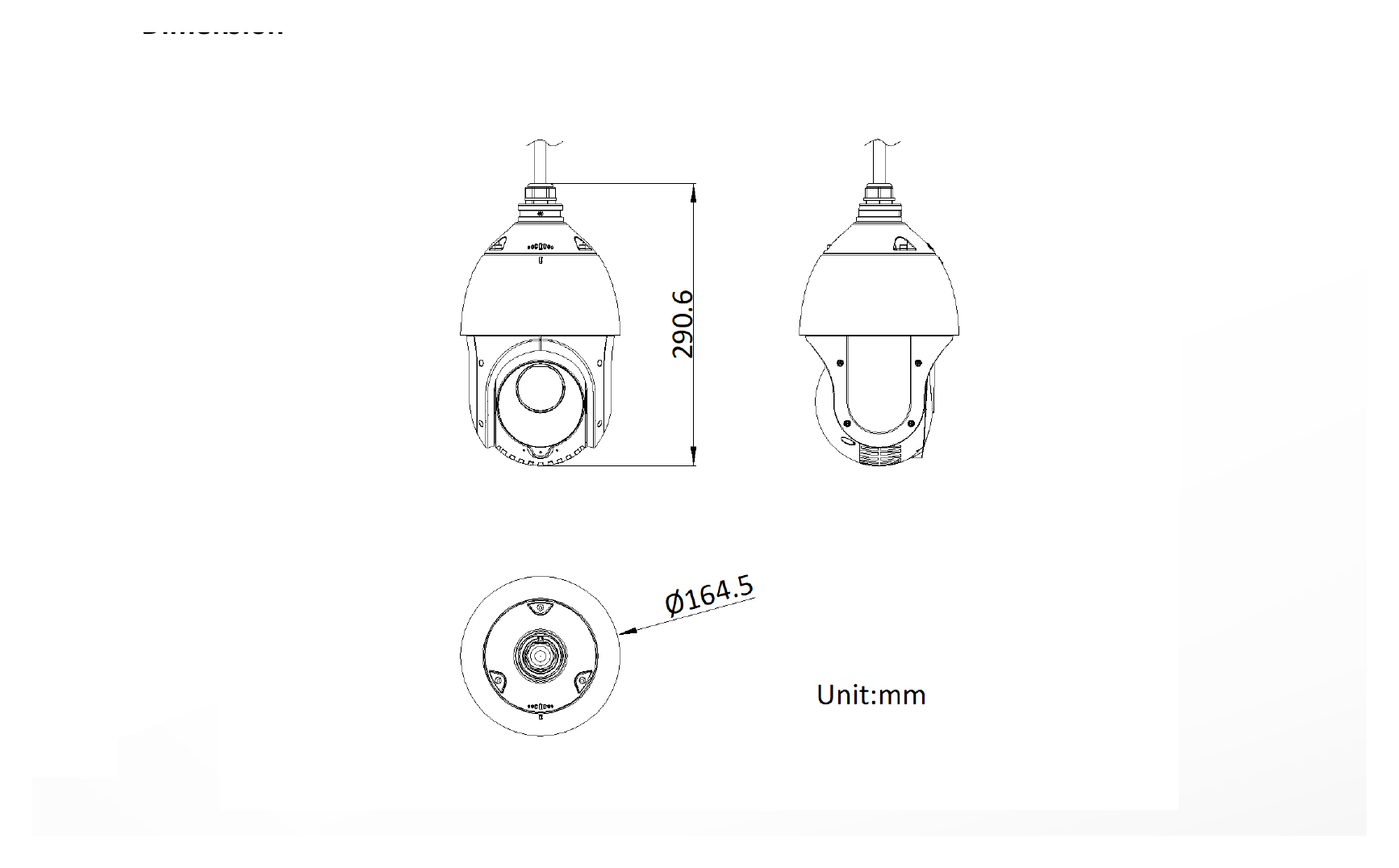DS-2AE4225ITG 外形尺寸圖 Ø 164.5 × 290.6 mm (Ø 6.47" × 11.45")｜重量 Approx. 2 kg (4.41 lb.)｜Unit: mm