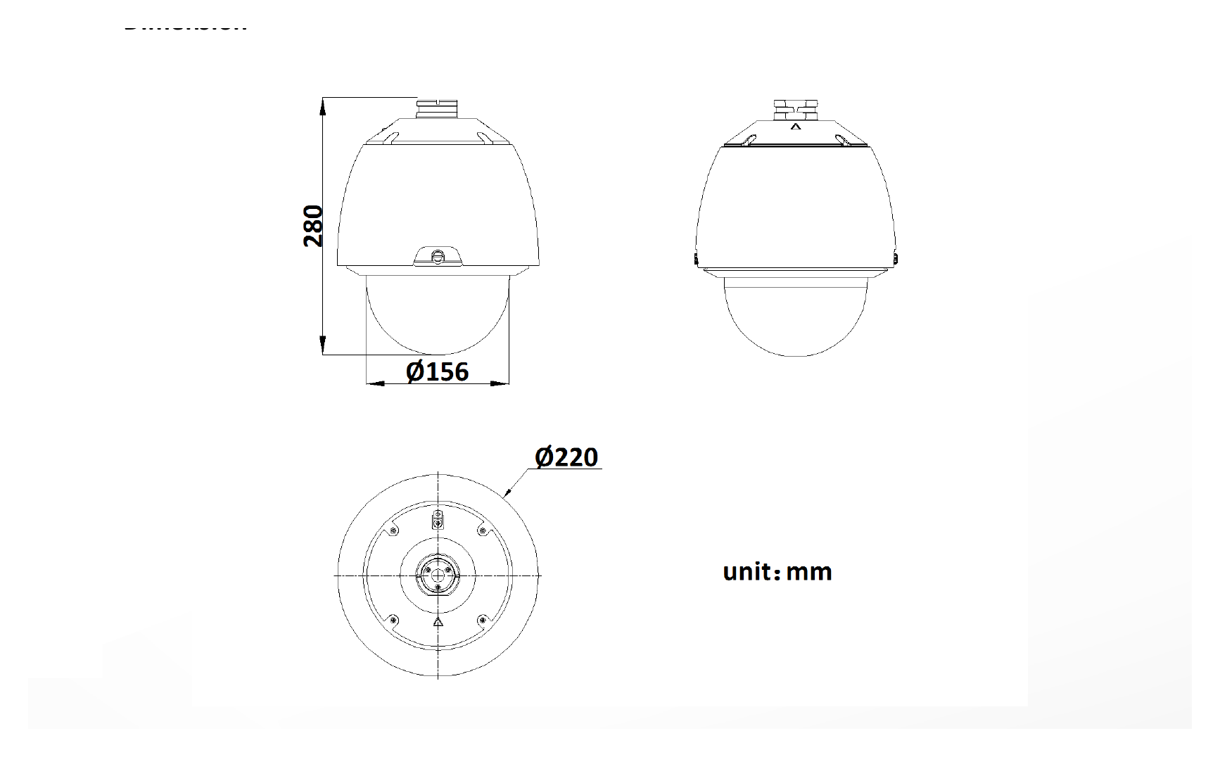 DS-2AE5232TG 外形尺寸圖 Φ 220 mm × 280 mm (Φ 8.66" × 11.03")｜重量 Approx. 3 kg (6.61 Ib.)｜Unit: mm