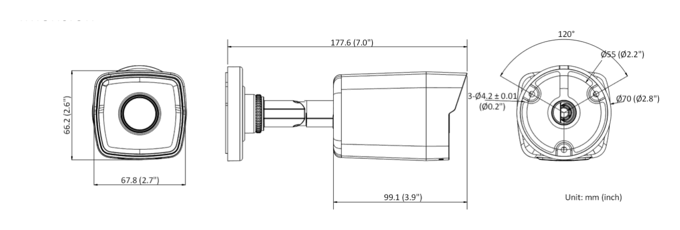 DS-2CD1021-I-F 外形尺寸圖 177.6 mm × 66.2 mm × 67.8 mm (7.0" × 2.6" × 2.7")｜重量 Approx. 270 g (0.6 lb.)｜Unit: mm