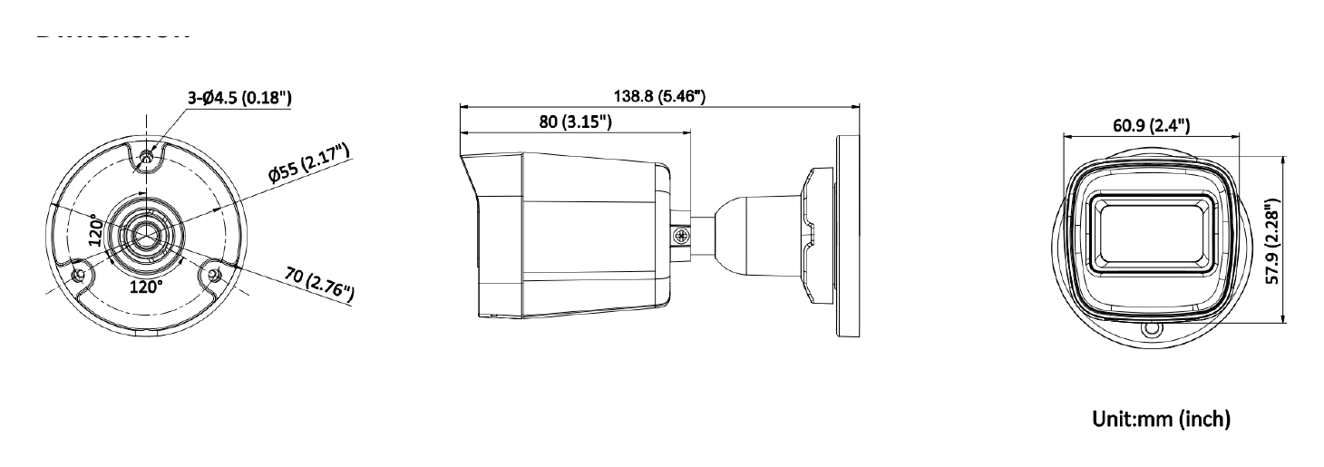 DS-2CD1021G0-I 外形尺寸圖 138.8 mm × 60.9 mm × 57.9 mm (5.5