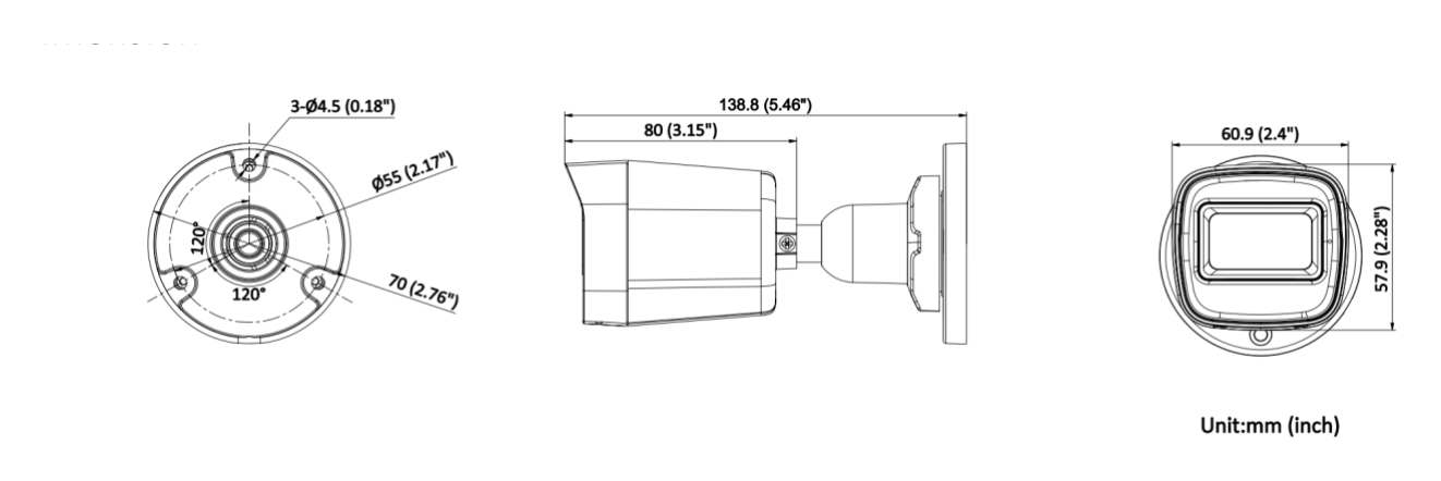 DS-2CD1021G2-IU 外形尺寸圖 138.8 mm × 60.9 mm × 57.9 mm (5.5