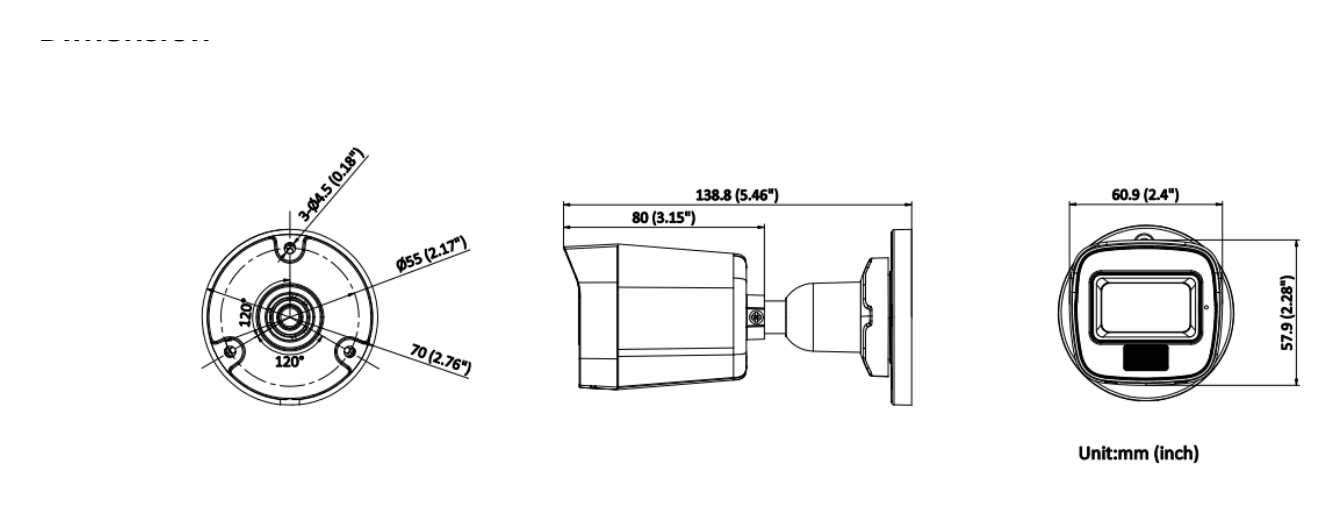DS-2CD1021G2-LIU 外形尺寸圖 138.8 mm × 60.9 mm × 57.9 mm (5.5" × 2.4" × 2.3")｜重量 Approx. 175 g (0.4 lb.)｜Unit: mm