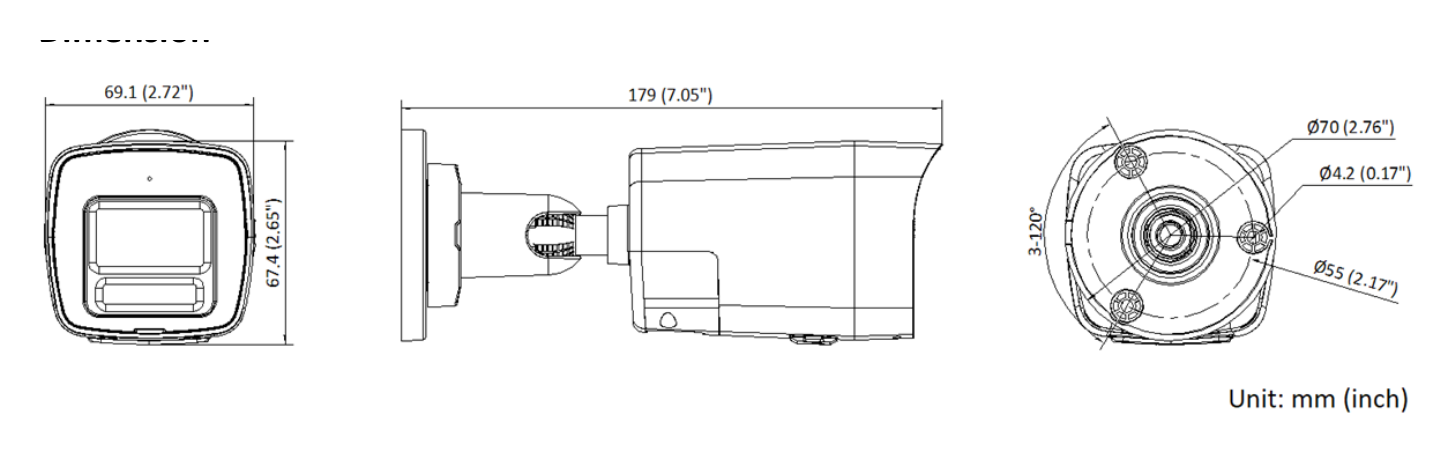 DS-2CD1021G2-LIUF/SL 外形尺寸圖 179 mm × 67.4 mm × 69.1 mm (7.1