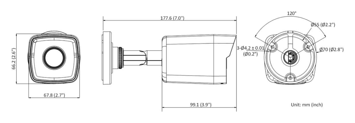 DS-2CD1023G0-IUF 外形尺寸圖 177.6 mm × 66.2 mm × 67.8 mm (7.0" × 2.6" × 2.7")｜重量 Approx. 270 g (0.6 lb.)｜Unit: mm
