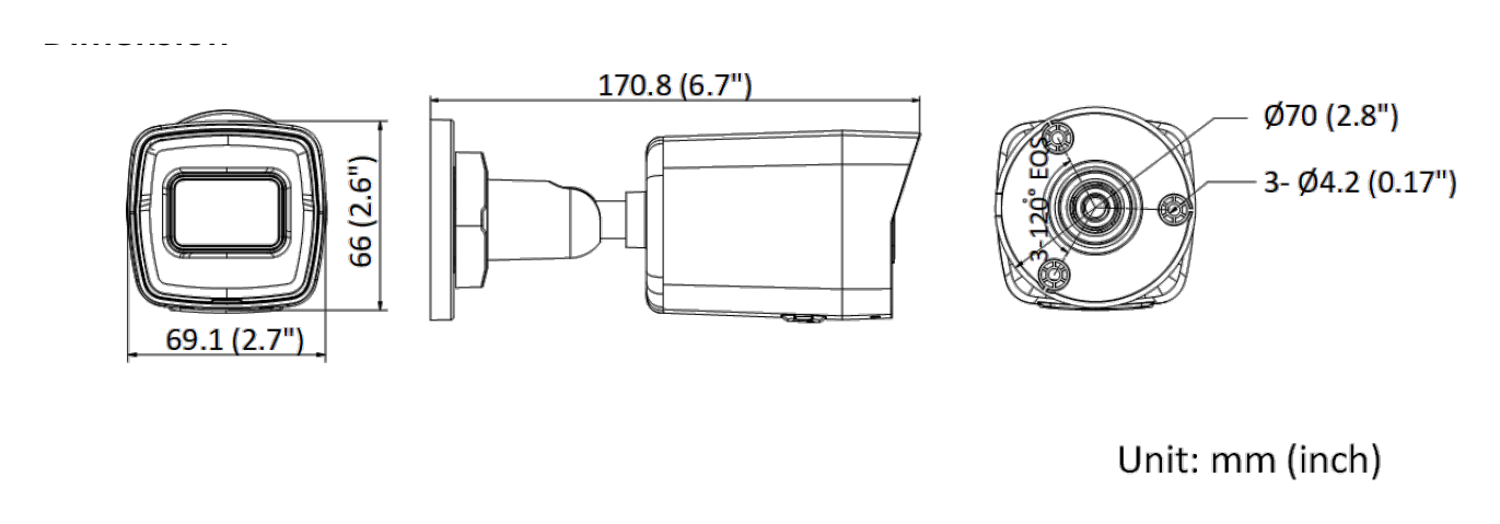 DS-2CD1023G2-IUF 外形尺寸圖 170.8 mm × 66 mm × 69.1 mm (6.7" × 2.6" × 2.7")｜重量 -I: Approx. 265 g (0.6 lb.); -IUF: Approx. 285 g (0.6 lb.)｜Unit: mm