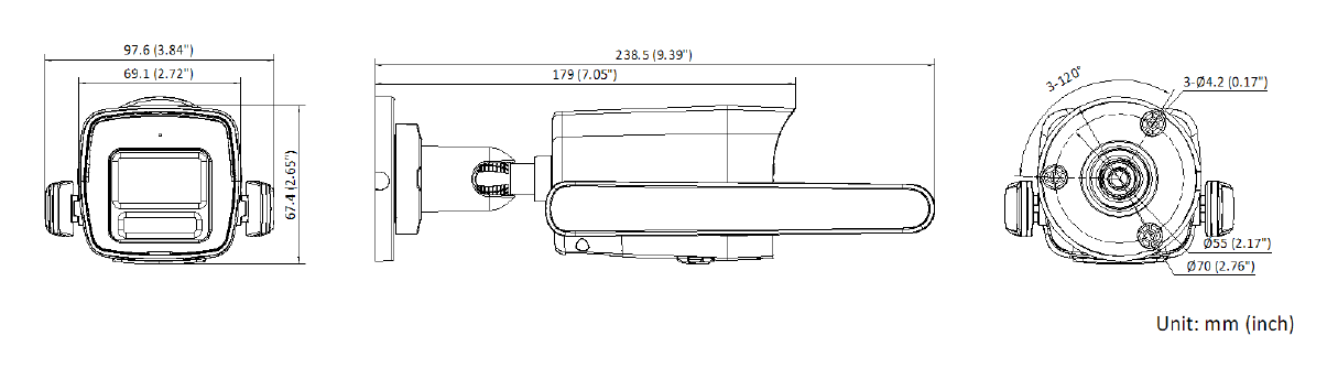 DS-2CD1023G2-LIDUF/4G/SL 外形尺寸圖 238.5 mm × 97.6 mm × 67.4 mm (9.39" × 3.84" × 2.65")｜重量 Approx. 390 g (0.84 lb.)｜Unit: mm
