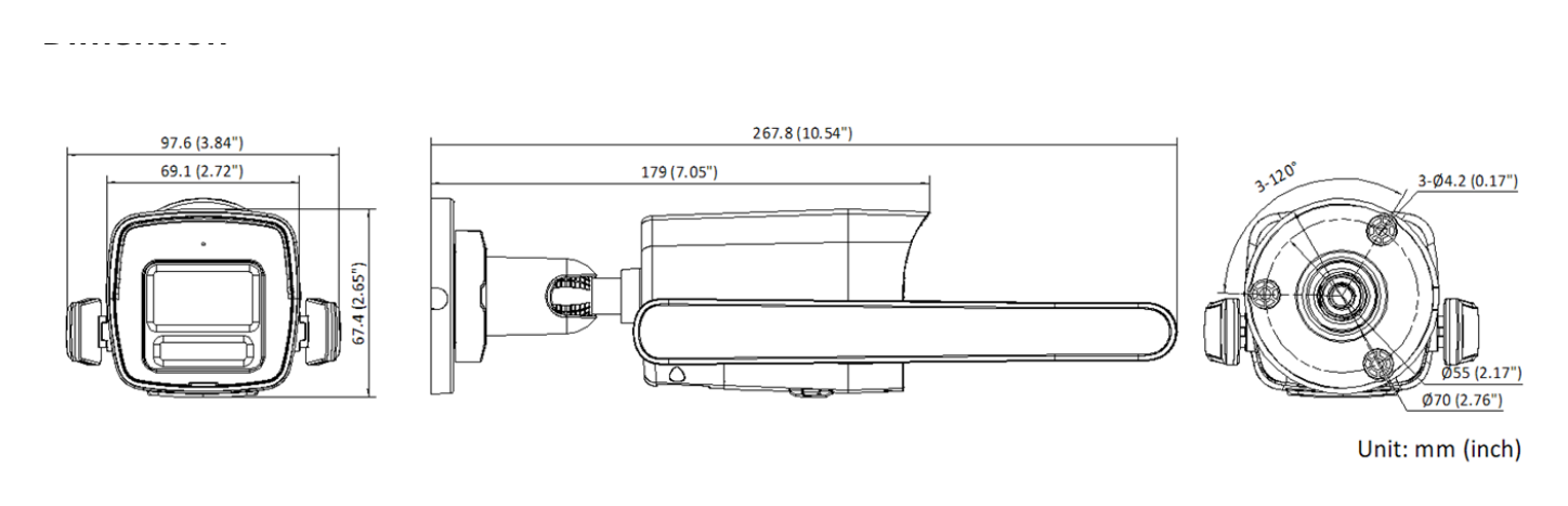 DS-2CD1023G2-LIDUF 外形尺寸圖 267.8 mm × 97.6 mm × 67.4 mm (10.54" × 3.84" × 2.65")｜重量 Approx. 390 g (0.84 lb.)｜Unit: mm