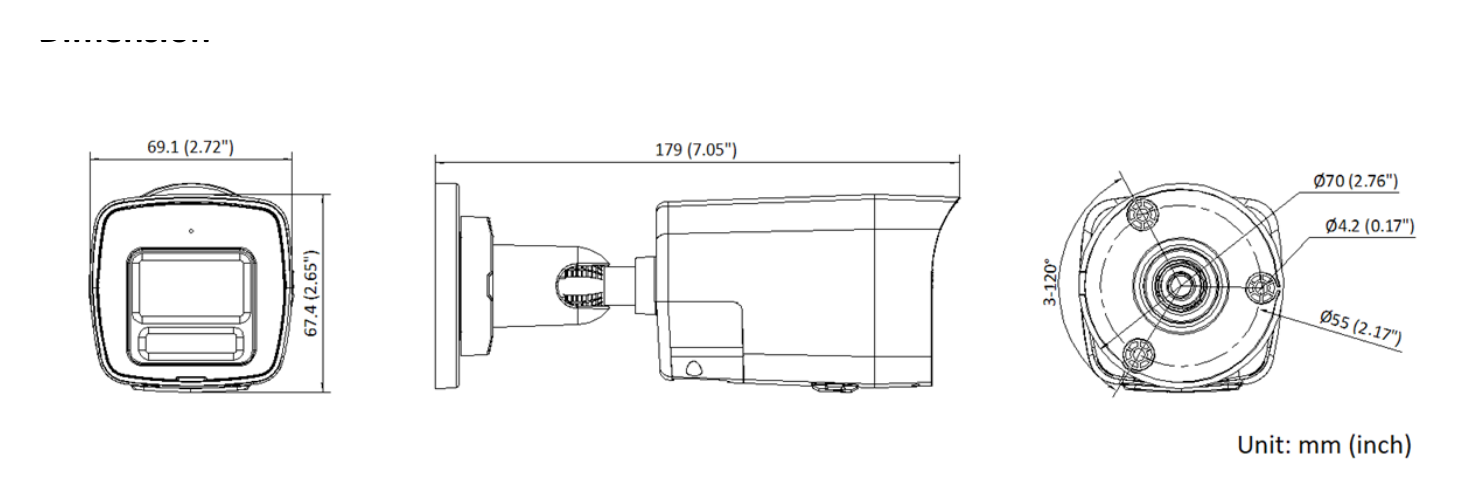 DS-2CD1027G2H-LIUF 外形尺寸圖 179 mm × 69.1 mm × 67.4 mm (7.05" × 2.72" × 2.65")｜重量 Approx. 320 g (0.7 lb.)｜Unit: mm