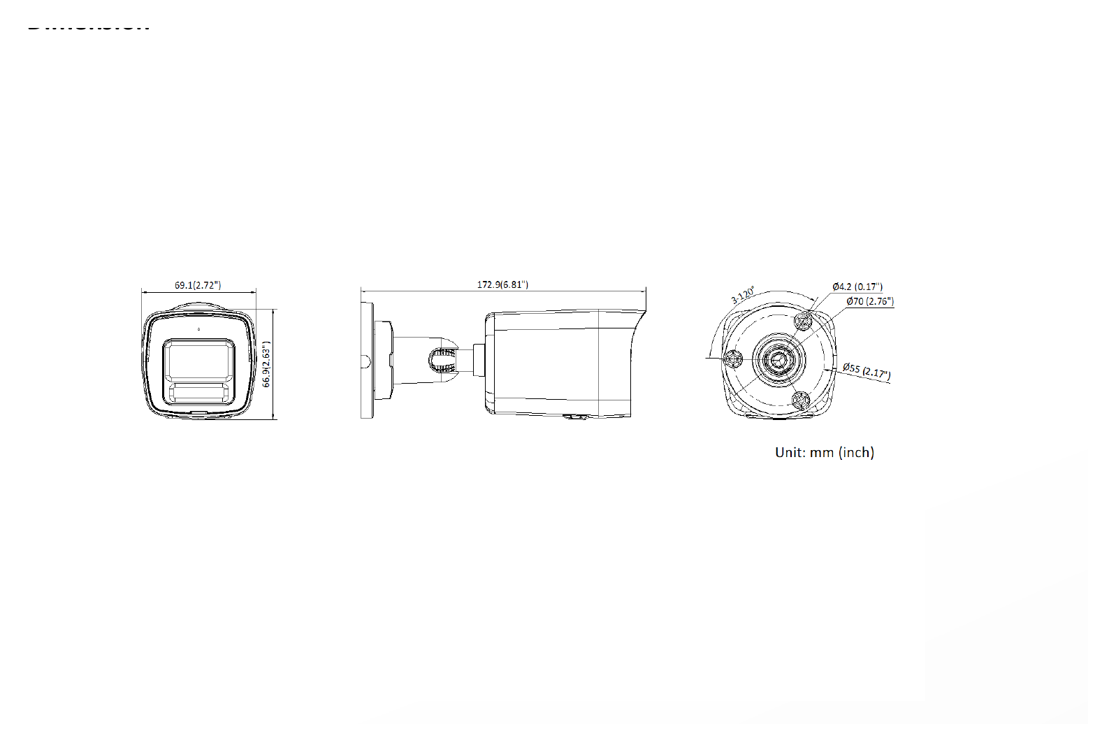 DS-2CD1027G3-LIU 外形尺寸圖 69.1 mm × 66.9 mm × 172.9 mm (2.7" × 2.6" × 6.8")｜重量 Approx. 280 g (0.6 lb.)｜Unit: mm
