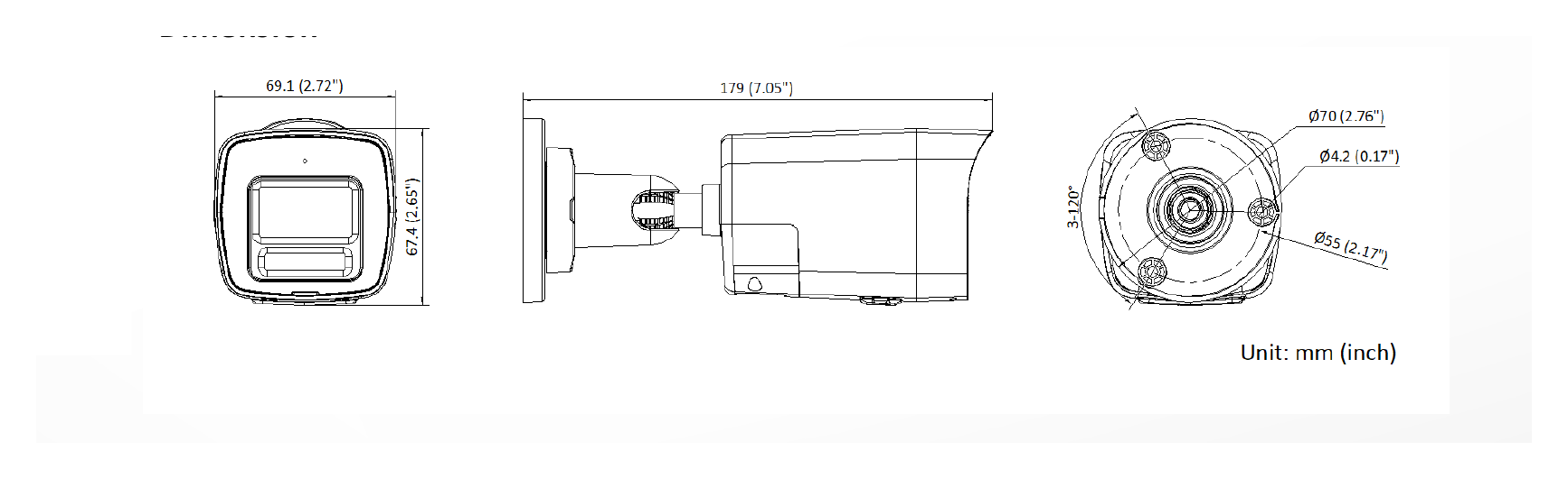 DS-2CD1027G3-LIUF 外形尺寸圖 69.1 mm × 67.4 mm × 179 mm (2.7" × 2.7" × 7.1")｜重量 Approx. 450 g (0.99 lb.)｜Unit: mm