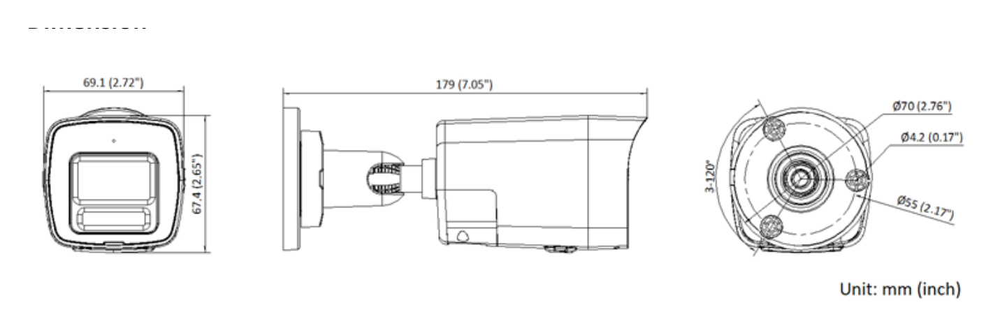 DS-2CD1041G2-LIUF 外形尺寸圖 179 mm × 67.4 mm × 69.1 mm (7.1" × 2.7" × 2.7")｜重量 Approx. 270 g (0.6 lb.)｜Unit: mm