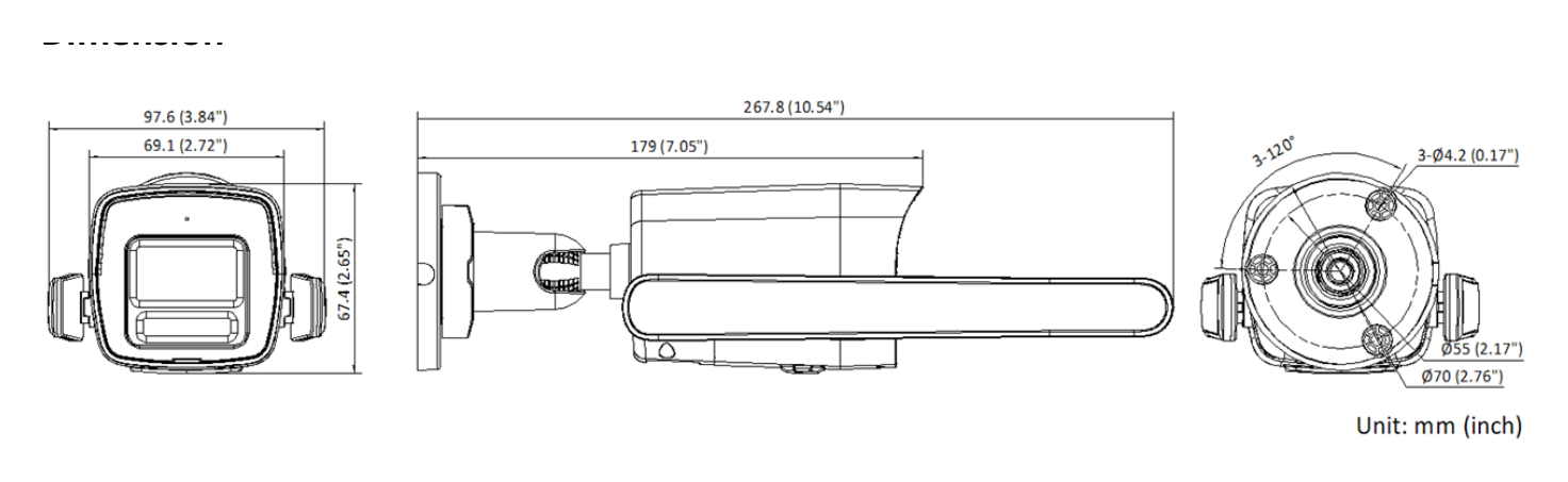 DS-2CD1043G2-LIDUF 外形尺寸圖 267.8 mm × 97.6 mm × 67.4 mm (10.54" × 3.84" × 2.65")｜重量 Approx. 380 g (0.84 lb.)｜Unit: mm