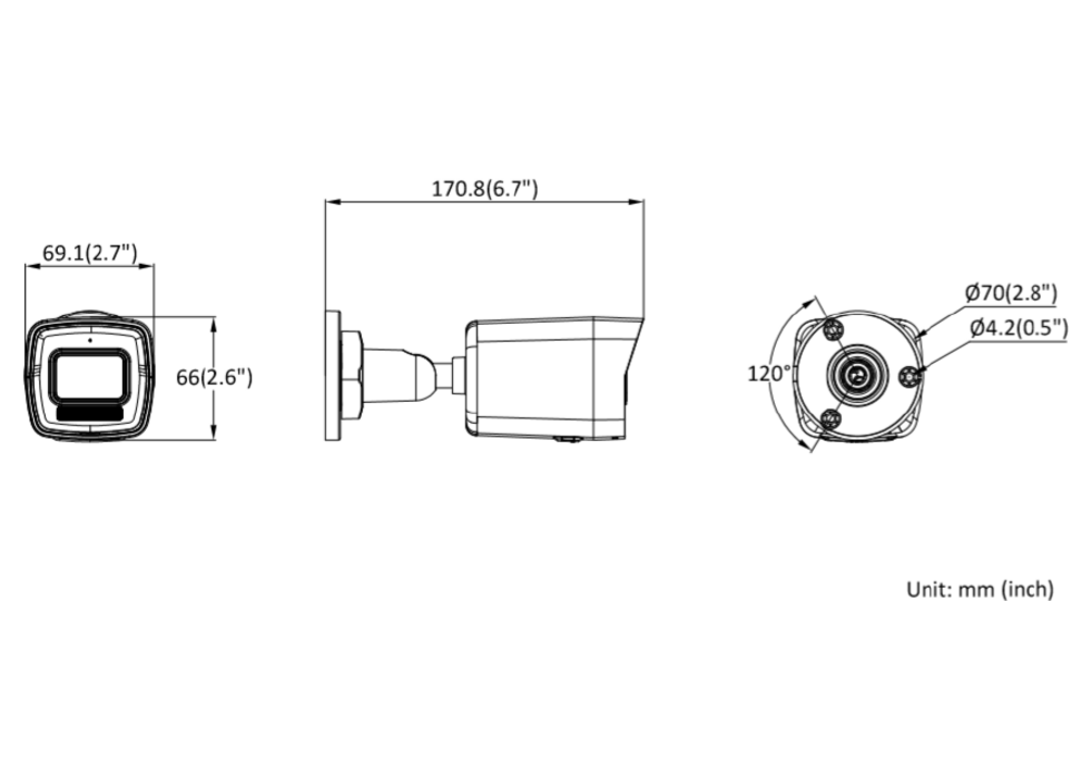 DS-2CD1043G2-LIU 外形尺寸圖 170.8 mm × 66 mm × 69.1 mm (6.7" × 2.6" × 2.7")｜重量 Approx. 270 g (0.6 lb.)