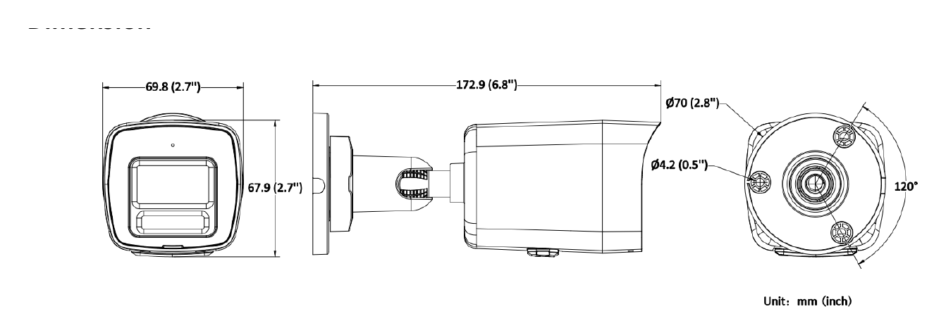 DS-2CD1047G3-LIU 外形尺寸圖 69.1 mm × 66.9 mm × 172.9 mm (2.7