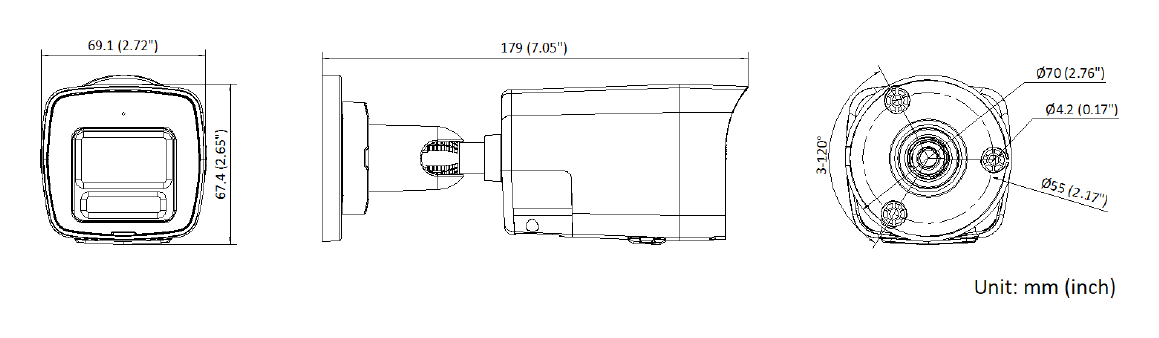 DS-2CD1047G3H-LIUF 外形尺寸圖 69.1 mm × 67.4 mm × 179 mm (2.7" × 2.7" × 7.1")｜重量 Approx. 325 g (0.7 lb.)｜Unit: mm