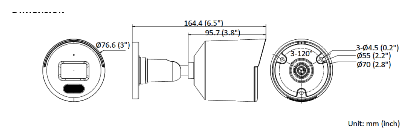 DS-2CD1057G0-LUF-C 外形尺寸圖 Ø 76.6 mm × 164.4 mm (Ø 3" × 6.5")｜重量 Approx. 430 g (0.95 lb.)｜Unit: mm