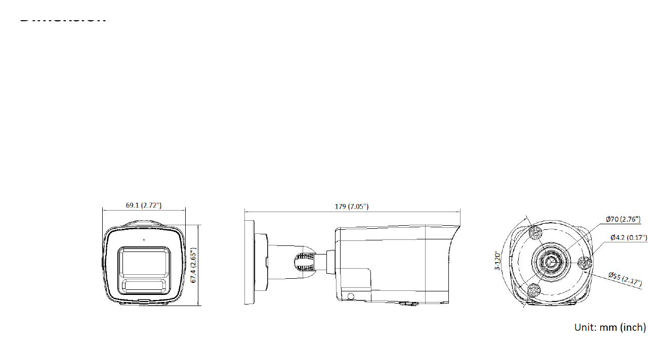 DS-2CD1063G2-LIUF 外形尺寸圖 179 mm × 67.4 mm × 69.1 mm (7.1" × 2.7" × 2.7")｜重量 Approx. 285 g (0.6 lb.)｜Unit: mm