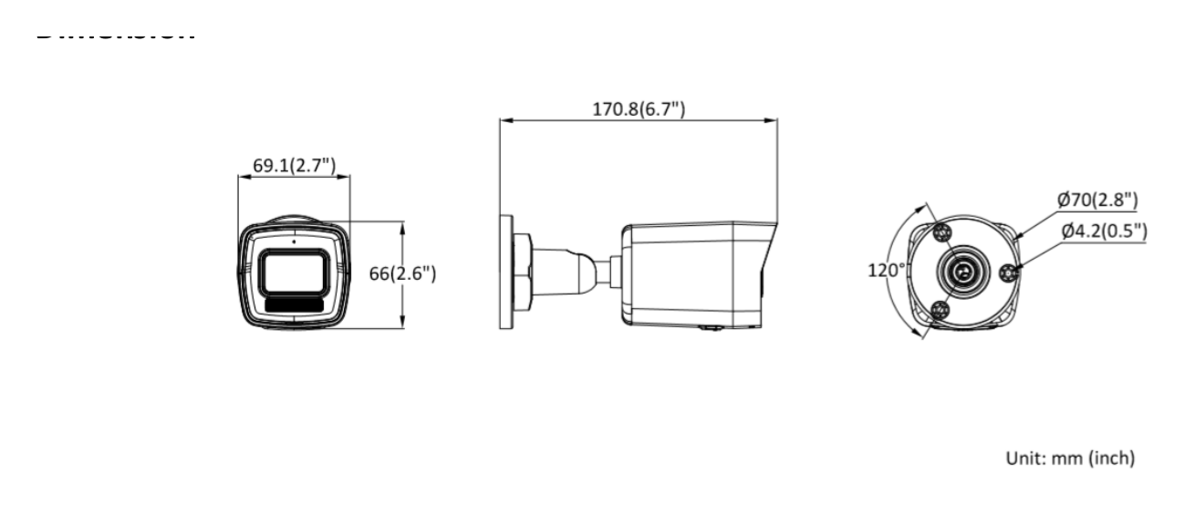 DS-2CD1063G2-LIUFUHK/Saudi 外形尺寸圖 170.8 mm × 66 mm × 69.1 mm (6.7