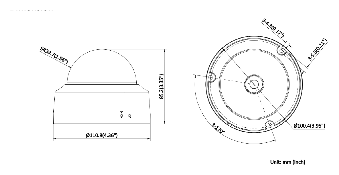 DS-2CD1121G0-I-B 外形尺寸圖 Ø 110.8 mm × 85.2 mm (Ø 4.36" × 3.35")｜重量 Approx. 240 g (0.5 lb.)｜Unit: mm